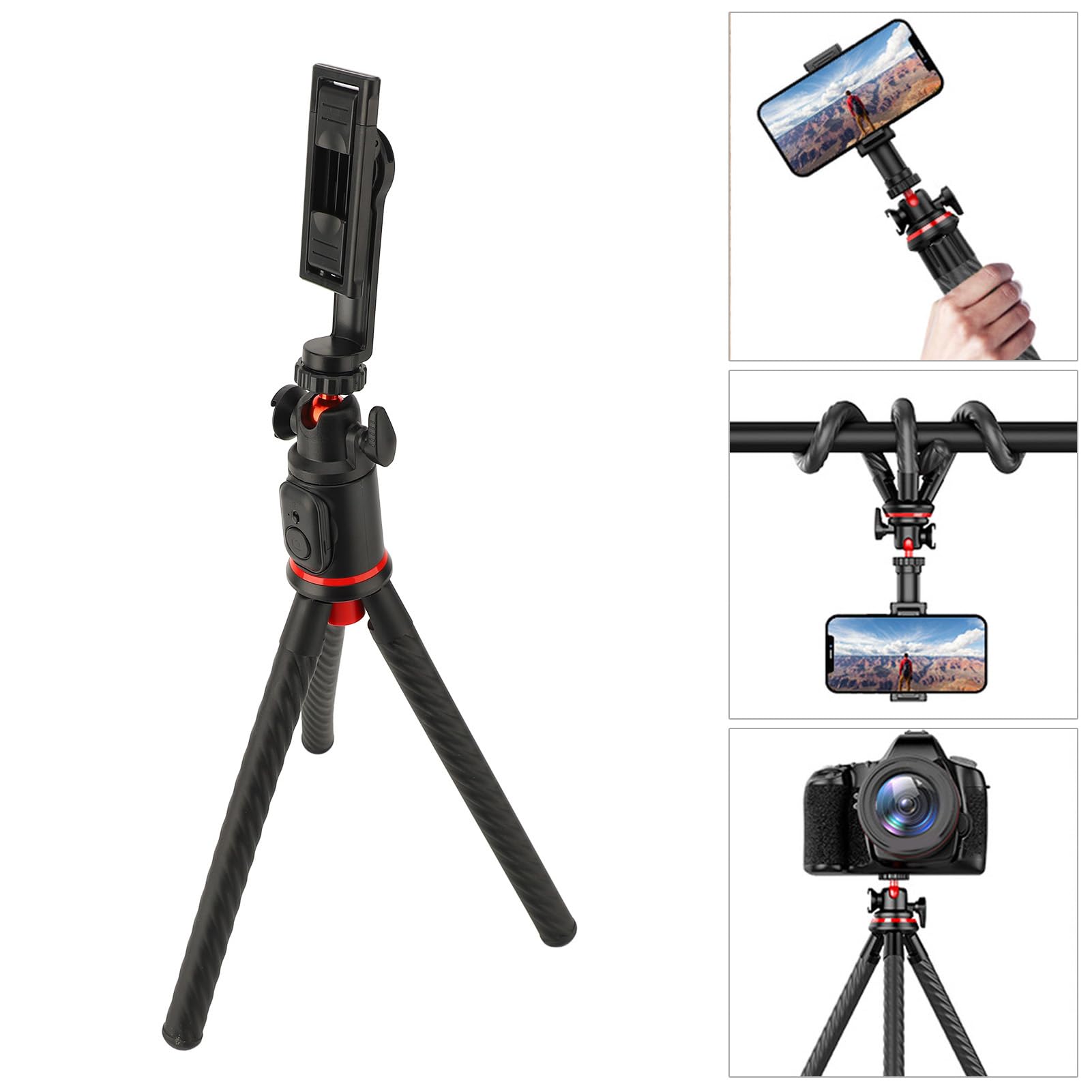 Treppiede flessibile multifunzionale per telefono per selfie live streaming, telecomando, lega di alluminio ABS stabile, portatile per foto di gruppo