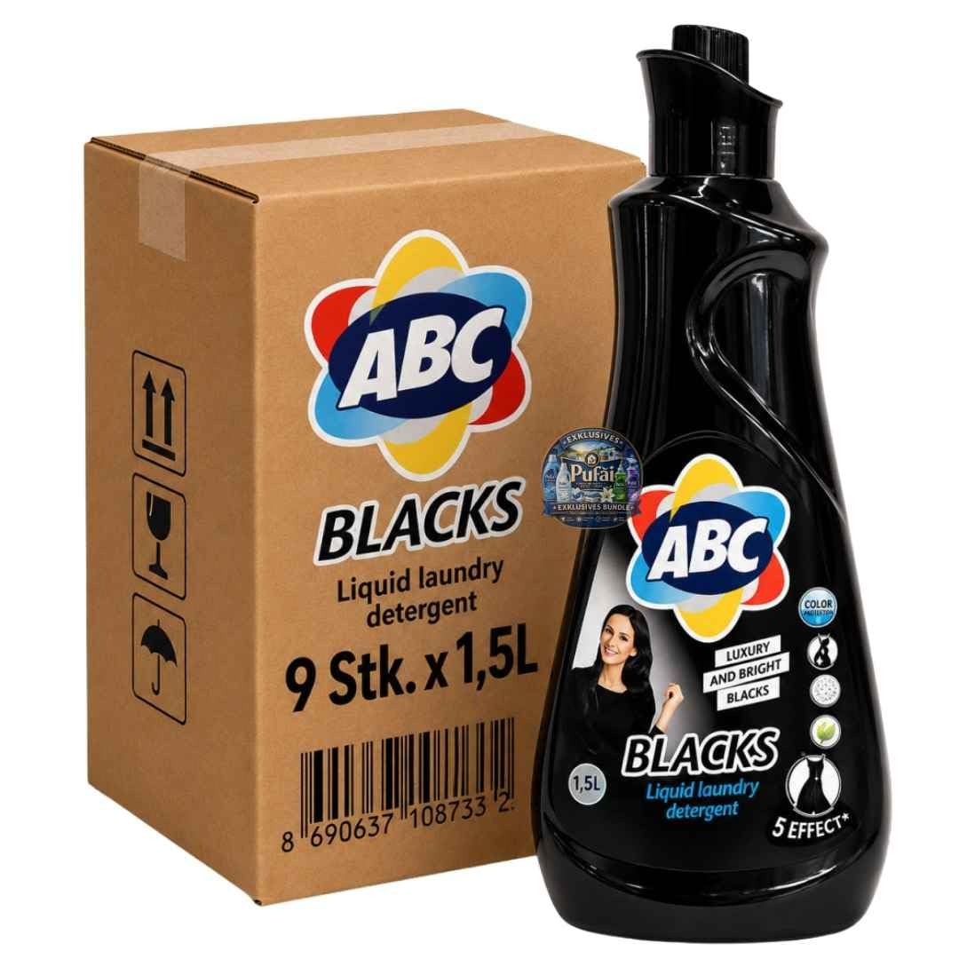 PUFAI Bundle –ABC Flüssigwaschmittel Schwarz – Waschmittel für dunkle & schwarze Wäsche, 1,5L, 9 Stück