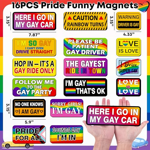 Image of 16PCS Gay Pride Car Bumper Magnets: Funny Rainbow Decals Bulk for LGBT Parade, Truck, Fridge, Cruise - Prank Gift Idea (Retro Warm)
