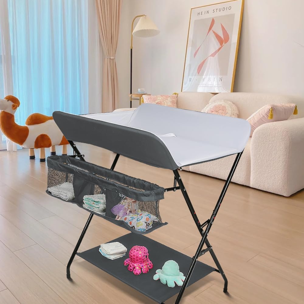 homewell Wickeltisch, Baby Wickelkombi Faltbar Tragbar, Klappbare Wickelkommode mit Aufbewahrungskorb, Sicherheitsgurt und 4 Rollen, Platzsparend & Stabil, 79 * 55.5 * 96cm (Grau + Weiß)
