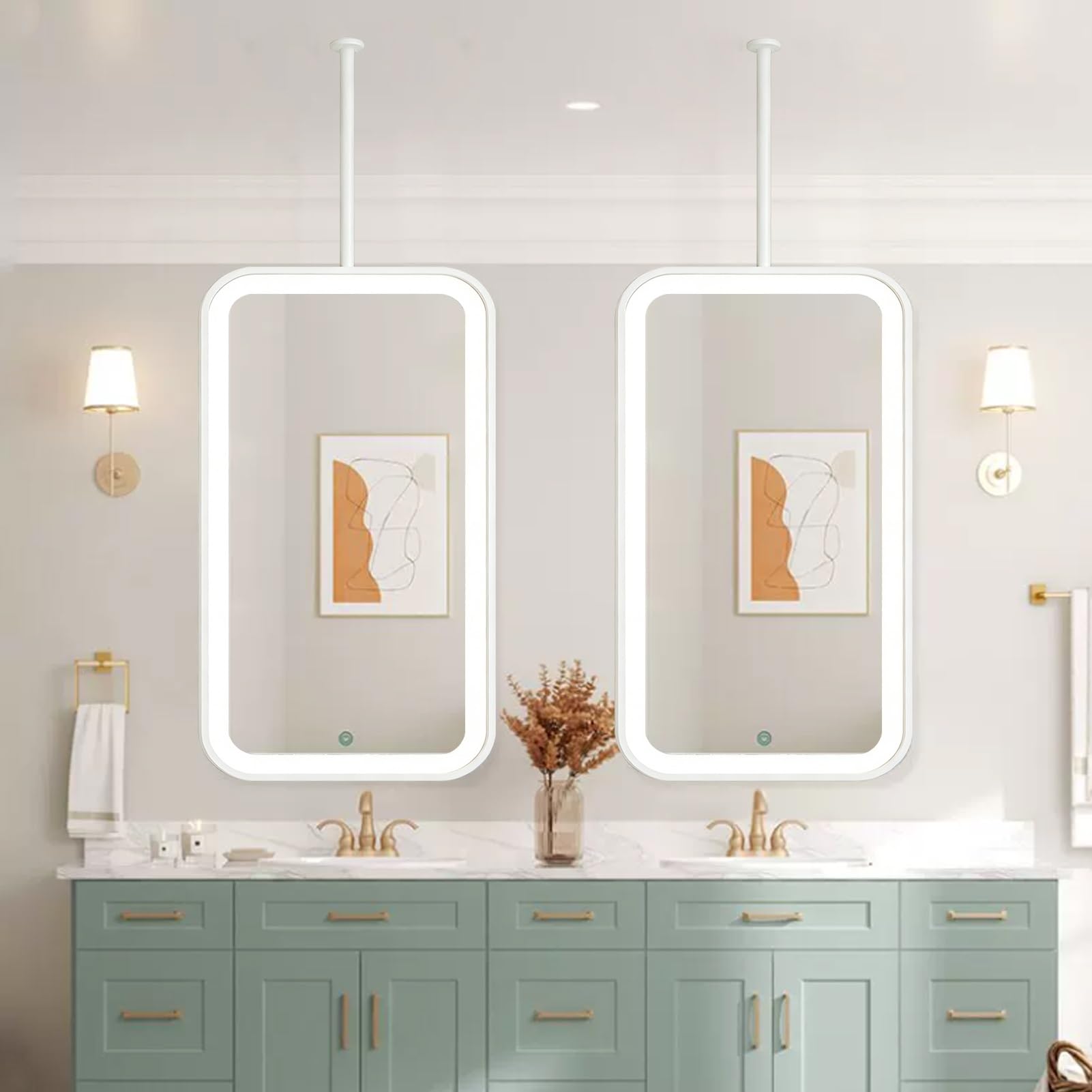 FGXHHS Ceiling Suspended LED Mirror，Ceiling Hanging Wall Mounted Light Up Mirrors，White Vanity Makeup Mirrors for Living Room Entrance Hall，Easy to Install(40cmx70cm)