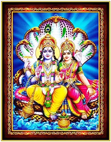 Pavan Photo Laminations Lord Vishnu Dev Lakshmi Devi Laxmi Narayan Ji Wall Painting Framed Home Decor (Wood,Matte,Brown,Small Size,6 x 8 Inch) B584S