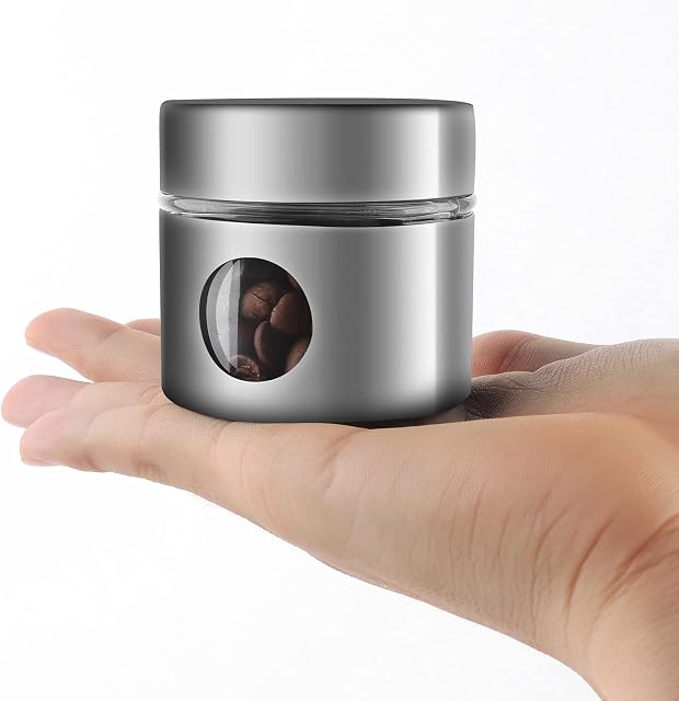 SIPLIV Coffee Canister Travel Jar, Mini Airtight Stainless Steel and Glass Food Storage Container Great for Coffee Bean and Coffee Grounds - Silver, 1.4 OZ