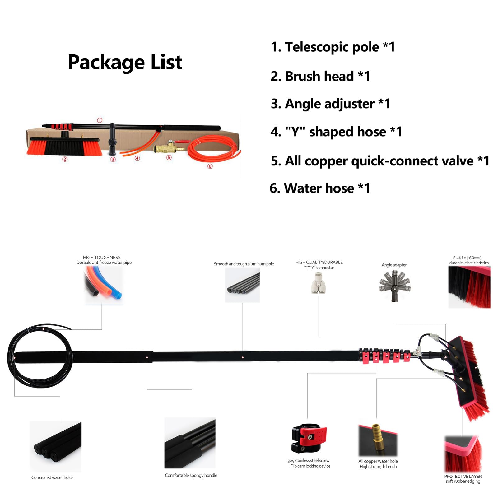 Solarmodul-Reinigungssystem mit Wasserzufuhrstange, Fensterreinigungsbürste und Wasserzufuhrstangen-Set mit Bürste und 4 Sprühdüsenspitzen, ausziehbares Photovoltaikmodul mit Flexibler Bürs