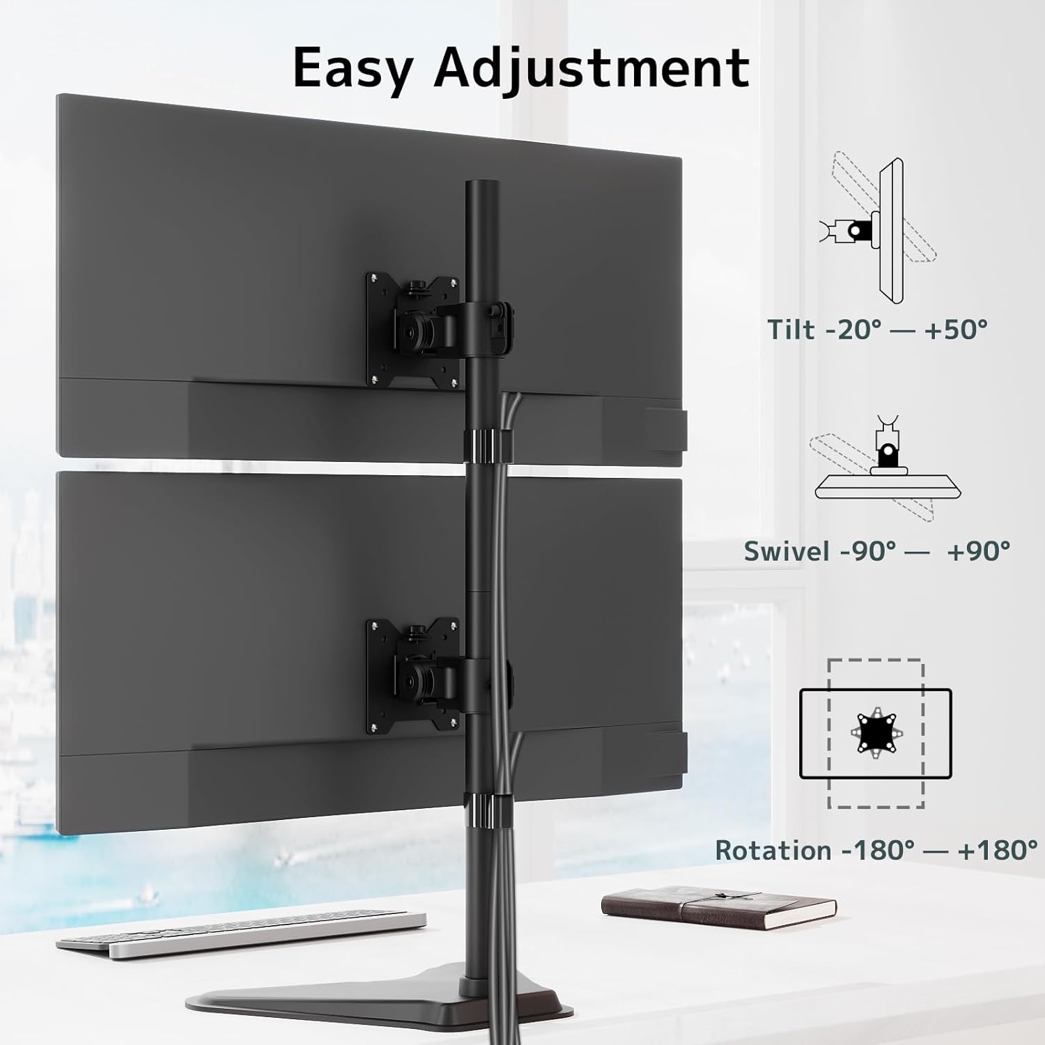Diagram showing the easy adjustment features of the monitor stand, including tilt from -20 to +50 degrees, swivel from -90 to +90 degrees, and rotation from -180 to +180 degrees.