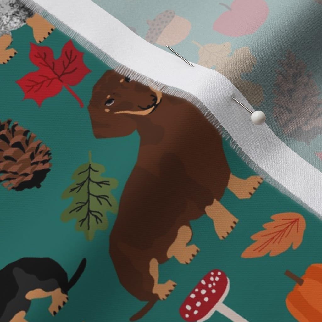 Spoonflower Fabric - Dachshund Dogs Autumn Pumpkin Leaves Fall Seasonal Dachshunds Pet Printed on Organic Cotton Sateen Fabric by The Yard - Sewing Quilting Apparel Home Decor
