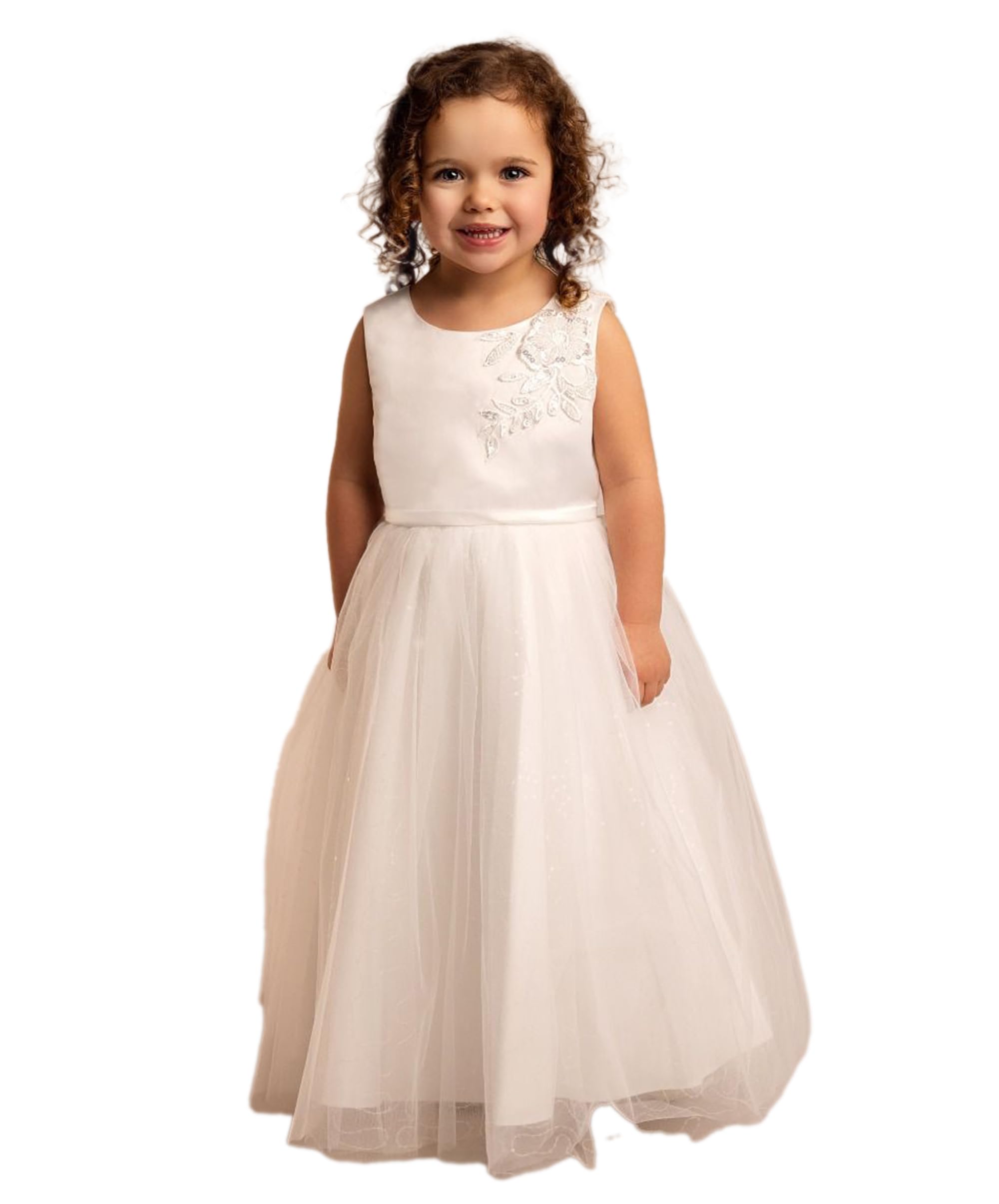 Elfenbeinfarbenes Satin- und Tüllkleid mit Pailletten für Mädchen – Hochzeits- und Kommunionskleid, Alter 2–12