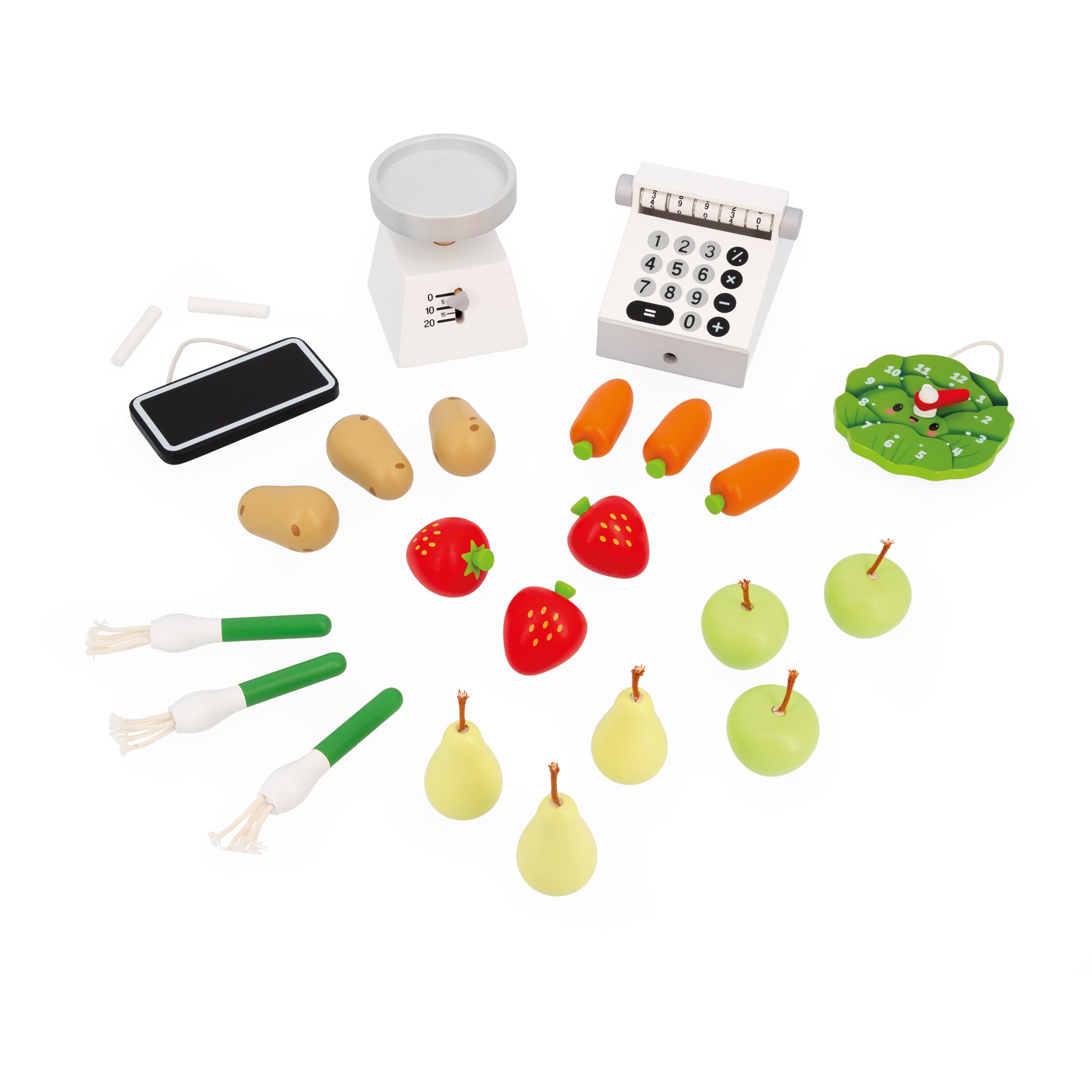 Janod - Tienda Infantil Farm Market - Juguete de Imitación Infantil - 32 Accesorios - Estimula la imaginación - Juguete de Madera FSC - Pintura al Agua - A Partir de 3 años, J03322
