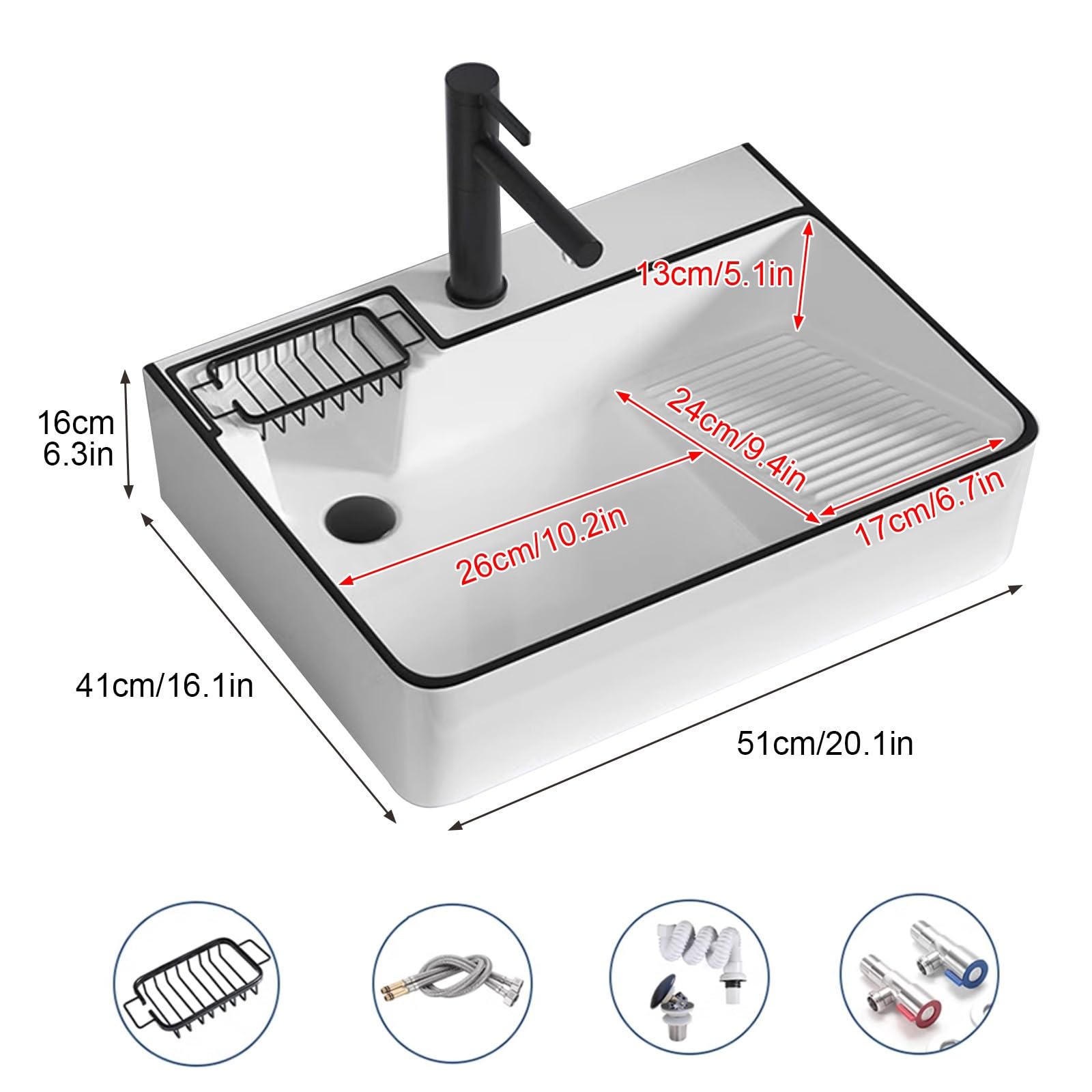 Fregadero rectangular de cerámica de porcelana moderna con grifo extraíble y drenaje lateral izquierdo para cocina, restaurante, lavandería