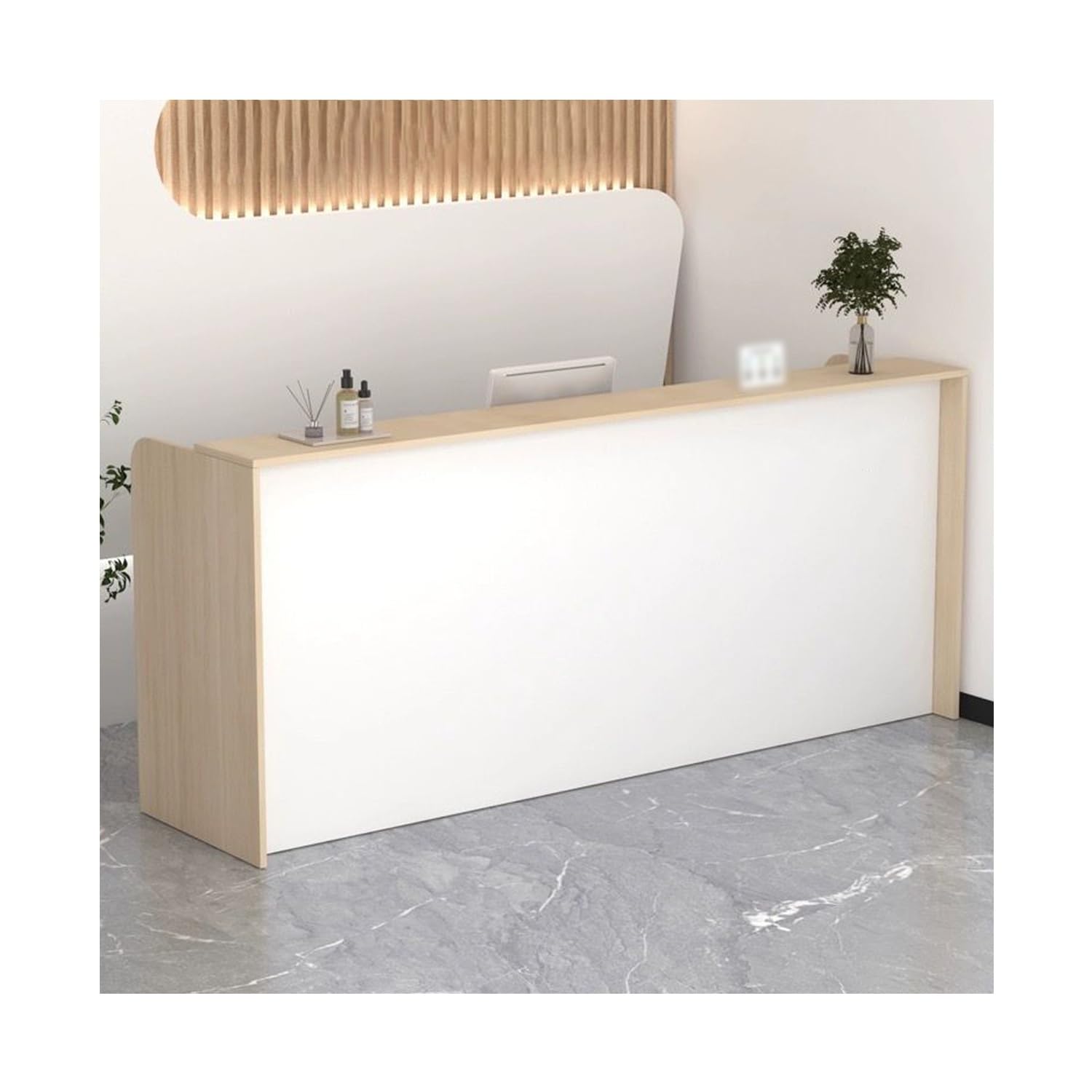 Eleganter Empfangstresen aus weißer Eiche mit abschließbarer Schublade, 120 cm Kassentisch für Empfangsbereiche, Schönheitssalons und Büros, stilvolle Willkommensmöbel