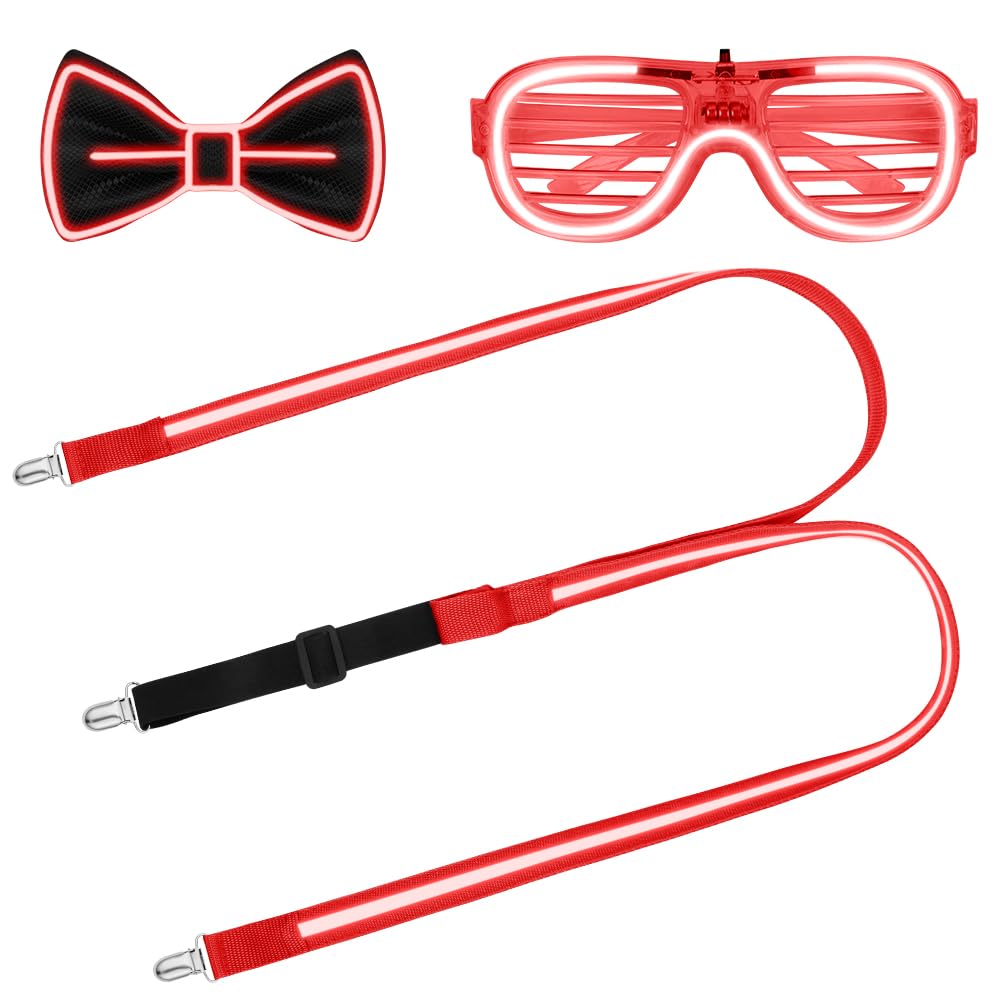 Alaoo LED Light Up Glasses Glow, 3Pcs Light Up Bow Ties 3 Flash Modes LED Glow, LED Braces Bowtie Perfect for Carnival Music - Image 2