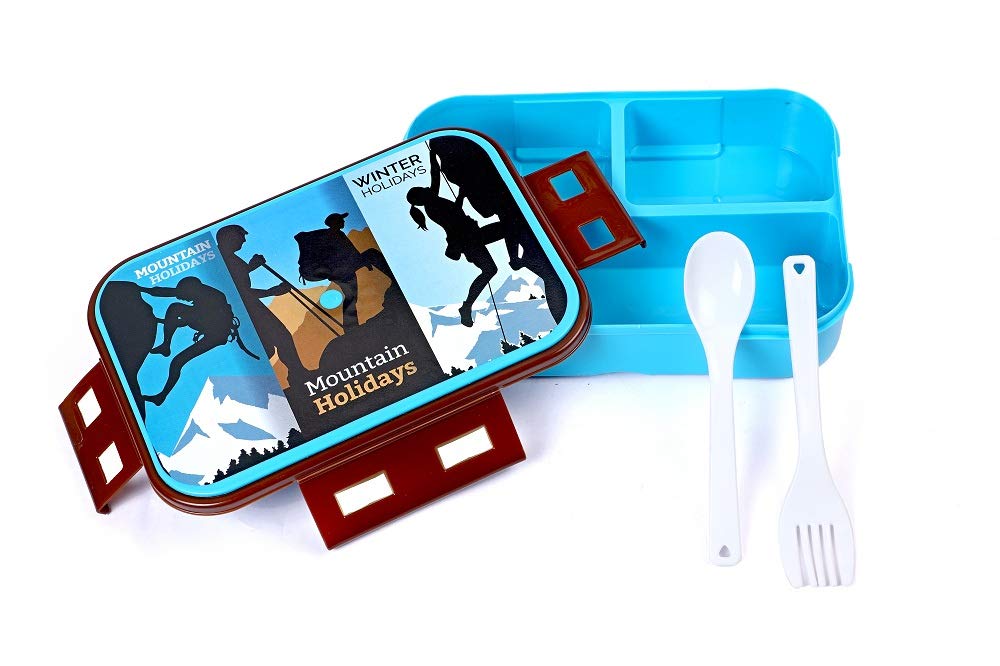 N M Z Space Saver Lunch Box, 3 Compartment, Fork & Spoon (BrownColour, 1 PC)