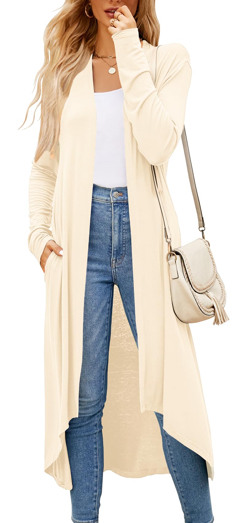 Newchoice Petite Lightweight Cardigan Sweaters for Women Open Front Long Cardigan with Pockets Light Apricot XXL