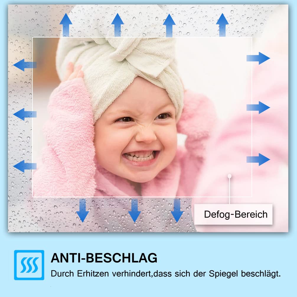 MIQU Specchio da bagno a LED, 90 x 60 cm, con illuminazione, bianco caldo/bianco freddo, dimmerabile, con touch + antiappannamento, rettangolare,Adatto per bagno,stanza da letto