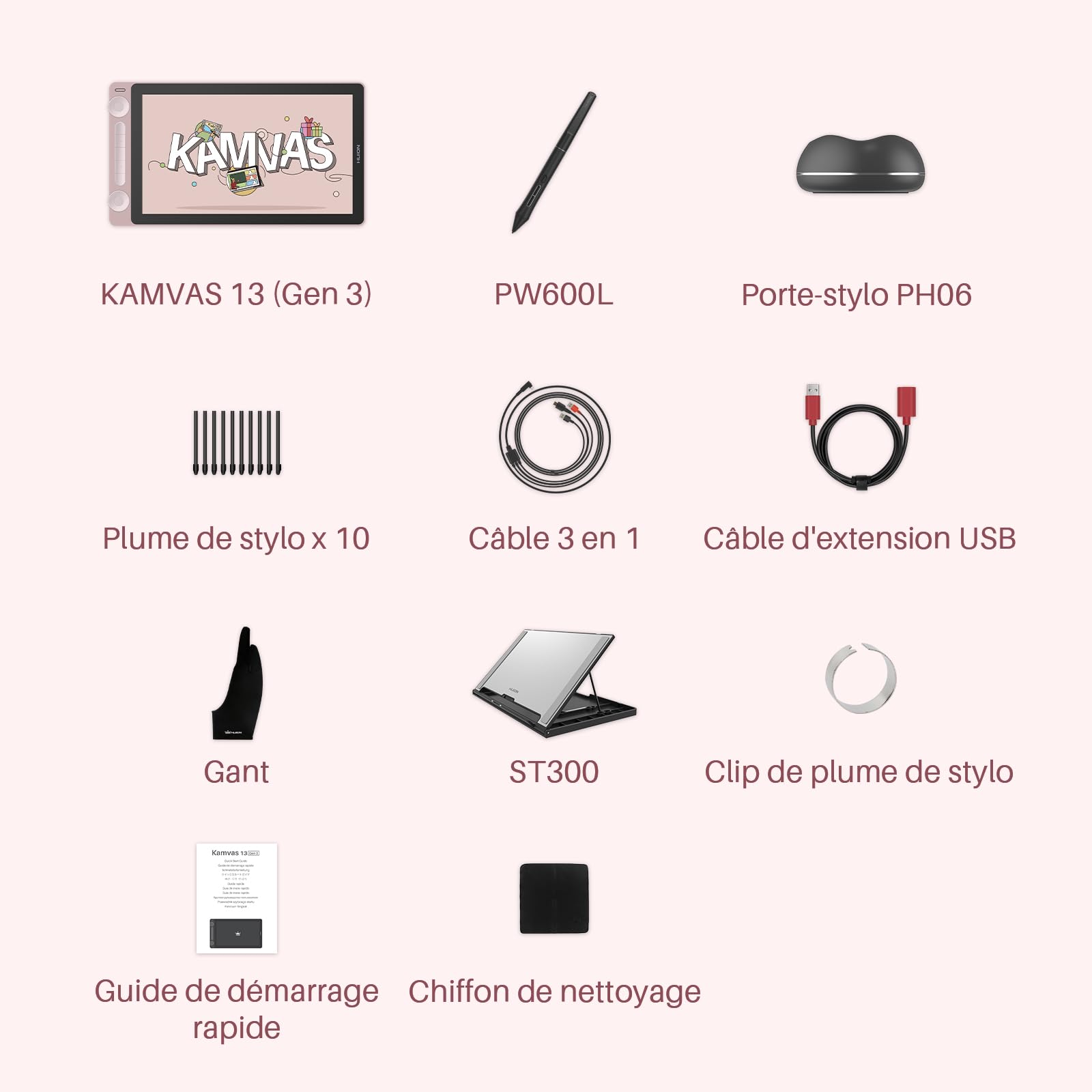 HUION Kamvas 13 Gen3 2024 Tablette Graphique avec Écran, Tablette de Dessin en Verre Canvas de 13,3", 99% sRGB, Pentech 4.0, 16384 Pression du Stylet, Doubles Cadrans, Support Réglable, Rose