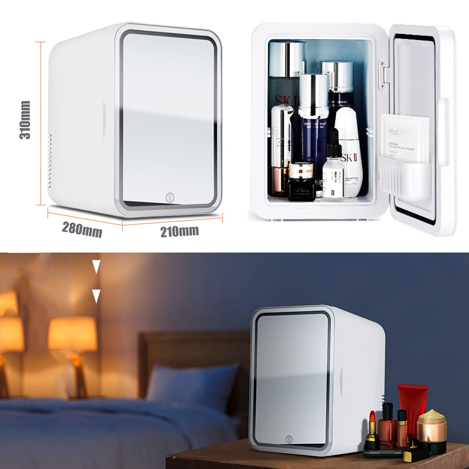 Mini Frigo per Skincare, 8L Piccolo Frigorifero Elettrico con Specchio per Trucco a LED, 3 Luminosità Regolabile, AC 220V/DC 12V, per Conservare la Cibo Medicinali Cosmetico