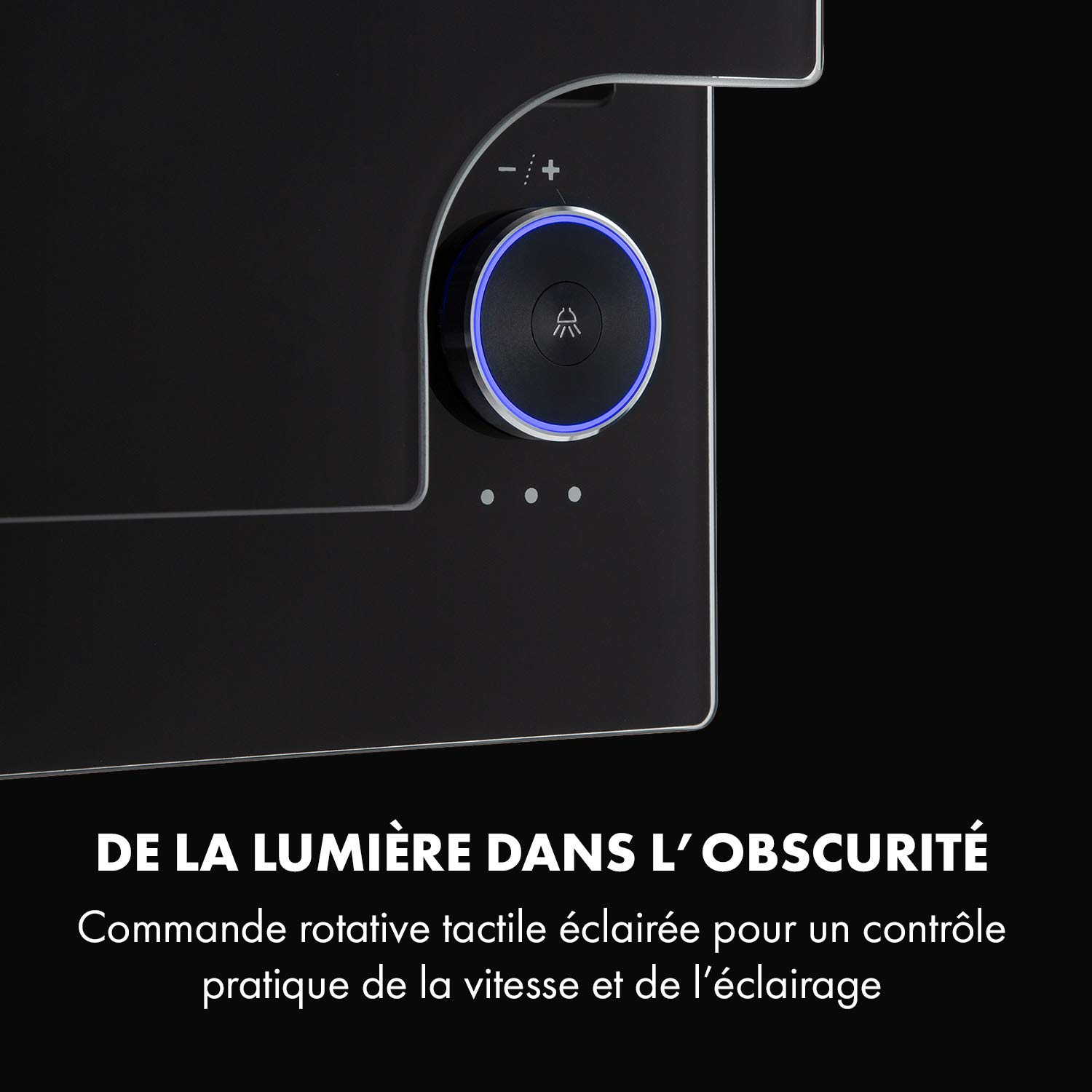 Klarstein Amelia - Hotte aspirante, Hotte inclinée dégagée, Design plat, 123 W, 586 m³/h, Éclairage LED : 3 W, 3 niveaux de puissance, Bouton rotatif tactile éclairé, 60 x 47 x 23,5 cm, noir