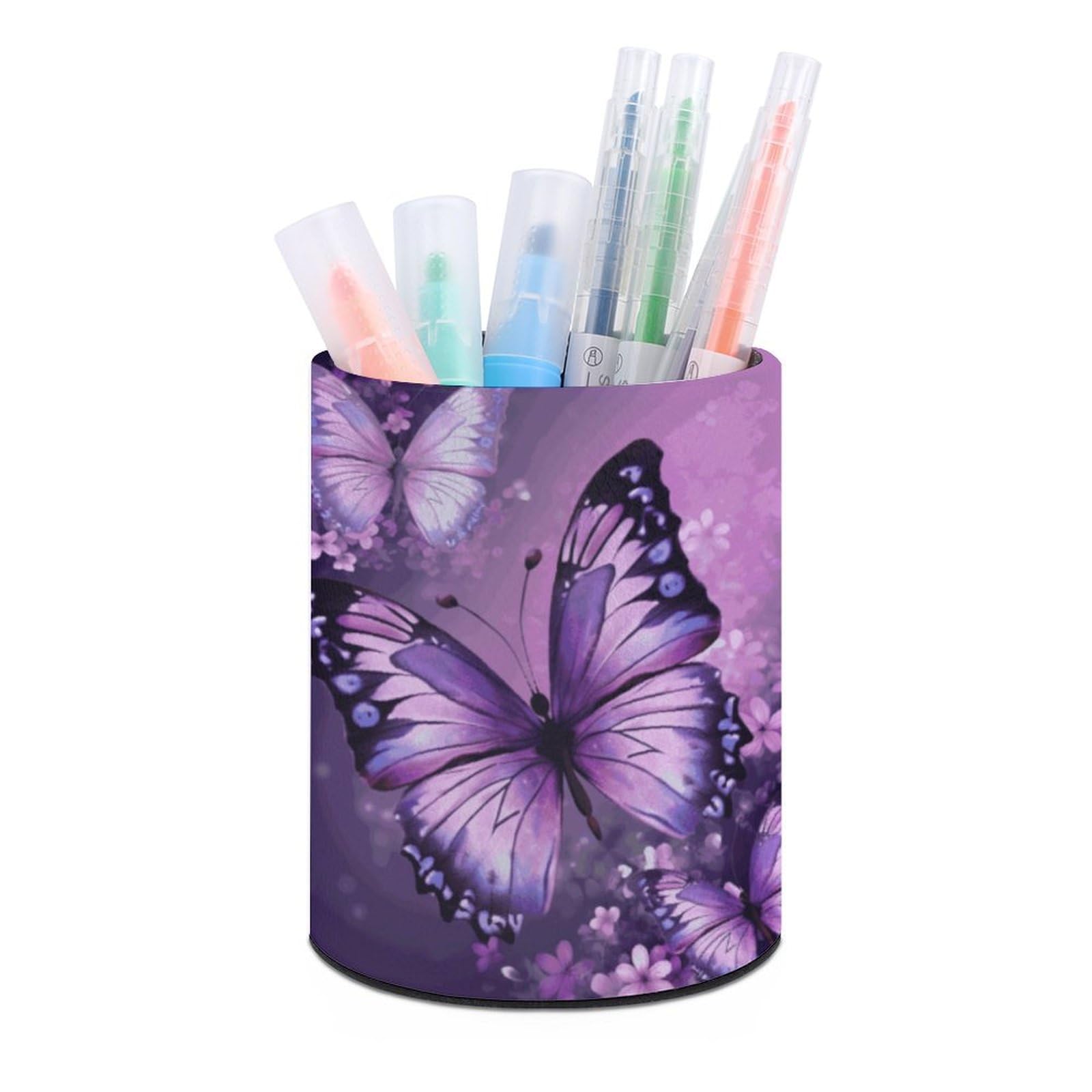 JTREHY Round Pen Holder,Beautiful Purple Butterfly Art Printed Makeup Brush Storage Box for Home Office Dressing Table