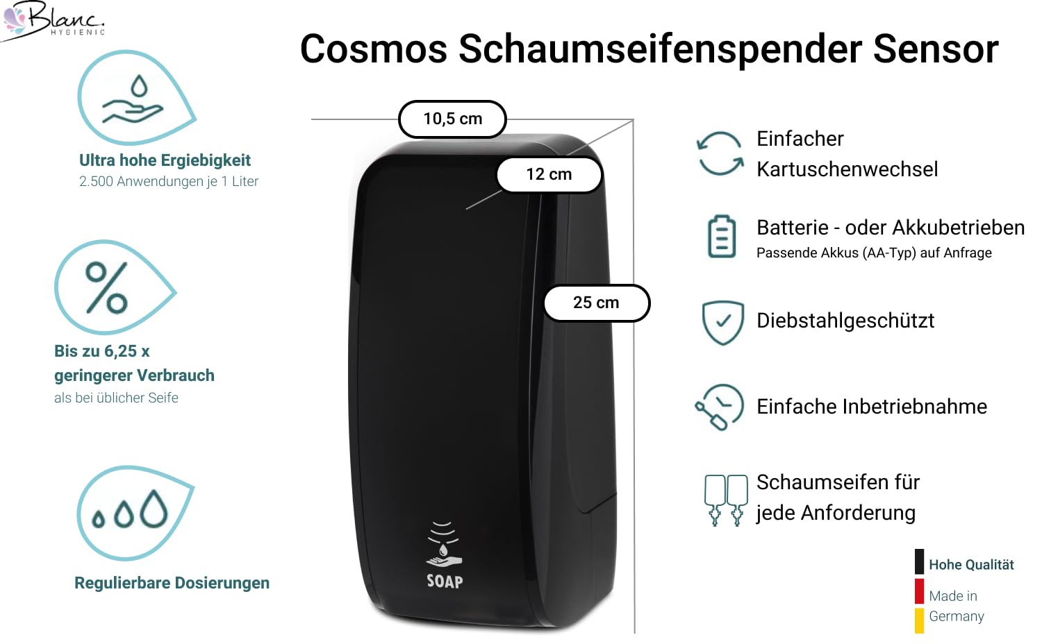 Set: Jabón Sensor Blanc Cosmos 6 x de 1 L Espuma Jabón Mild – del Juego, Negro