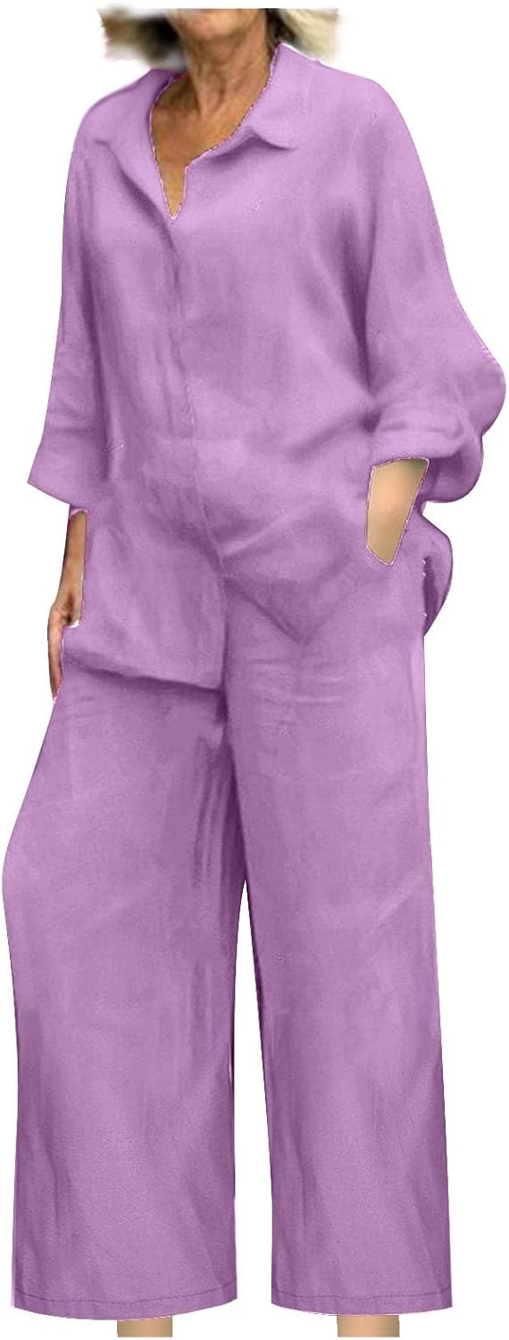 YRAETENM Linen Sets for Women 2 Piece Long Sleeve Button down Shirts and Wide Leg Pants Outfits Loose Casual Gauze Loungewear