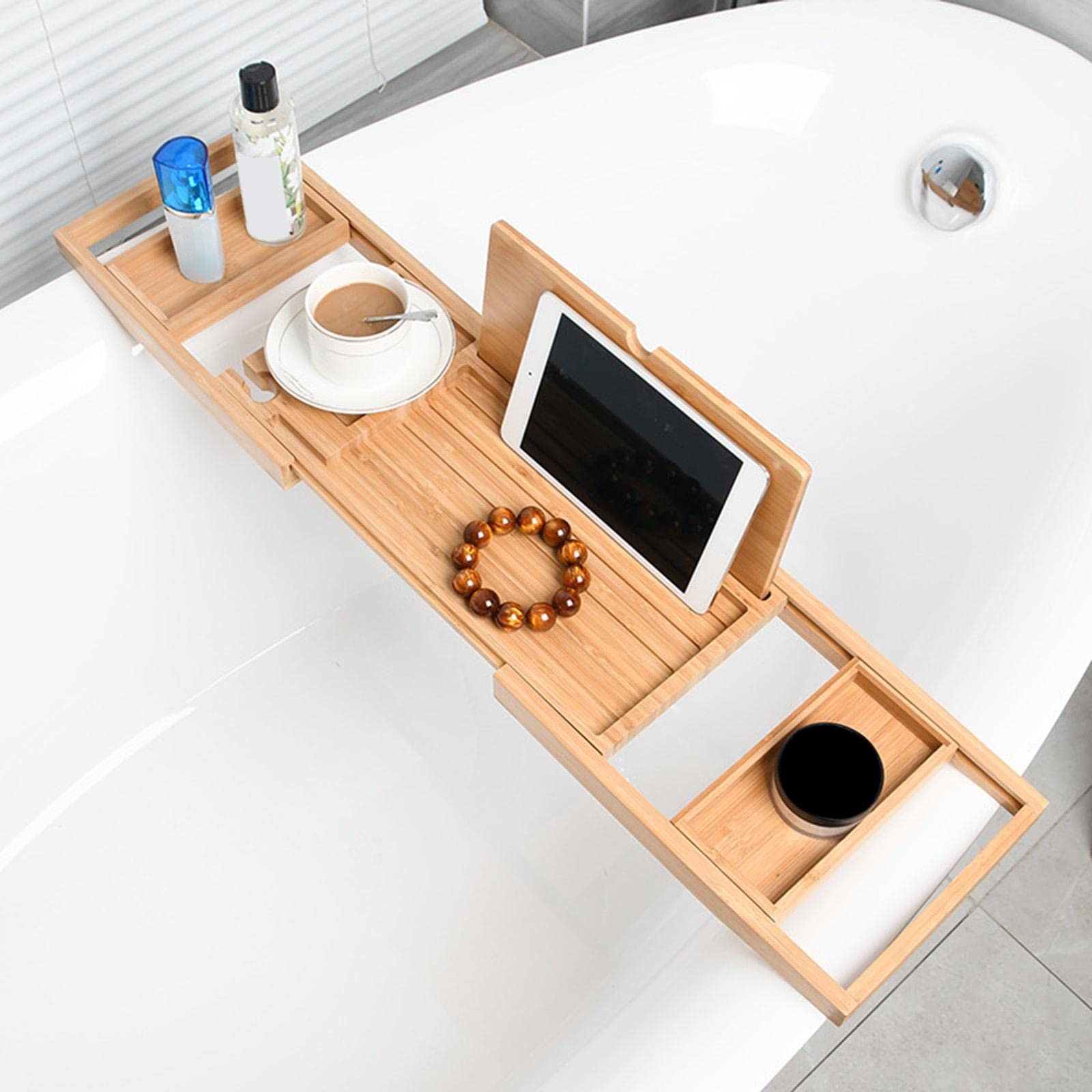 Bandeja para Bañera Extensible Mesa de Baño Organizador Soporte para Teléfono con Portavasos de Madera con Recubrimiento Antideslizante