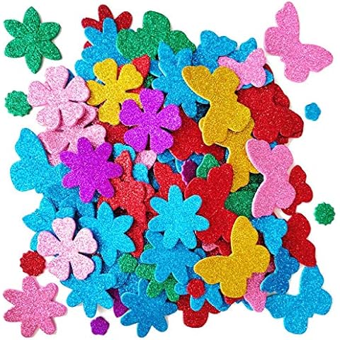 Glitter Foam Flower and Butterfly Shapes Stickers, Self-Adhesive Stickers Kid's Arts Crafts Supplies for Greeting Cards DIY Scrapbooking Cards Creative Toys Home Decoration (Random Colors) Cover