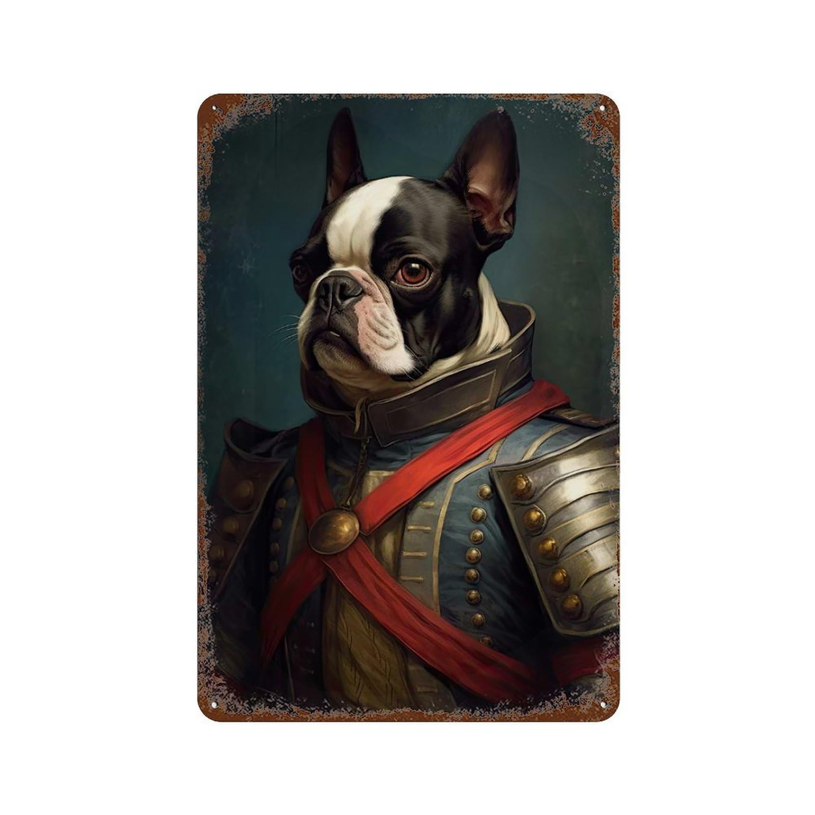 Rustic Tin Plaque with Boston Terrier in Military Attire Design 11.8"x7.9", for Pub, Kitchen And Man Cave Decor, Old School Wall Decor