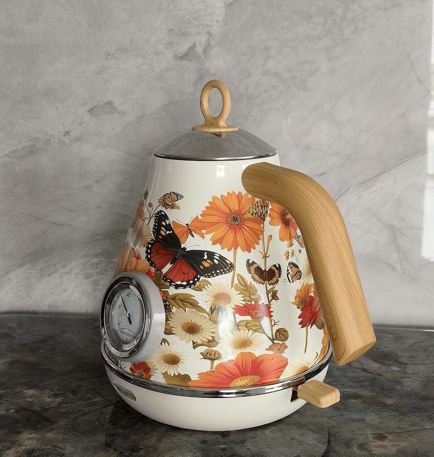 PS3013T Flower Painted Electric Kettle, 1.7L Retro Hot Water Kettle with Analog Dial Thermometer, 1850W Fast Boiling for Home