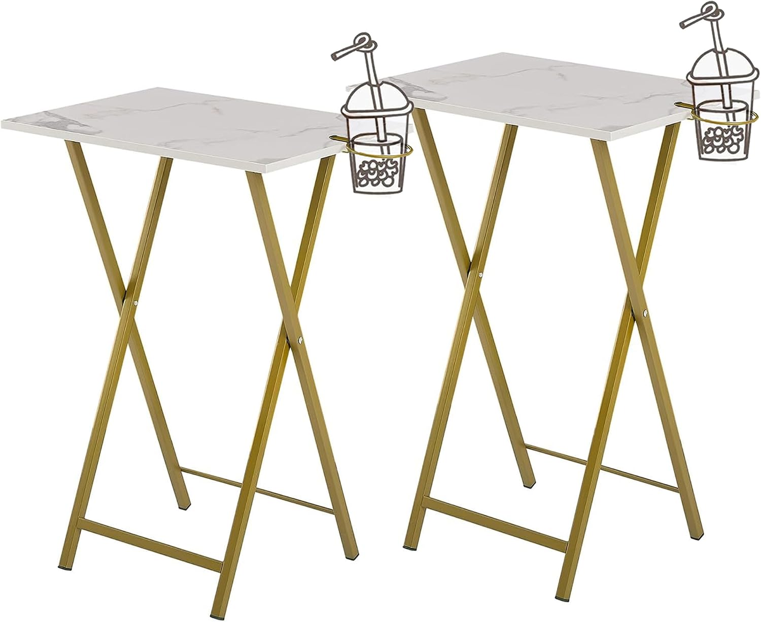 VECELO Folding TV Tray for Eating Set of 2, Portable Dinner/Snack Table with Cup Holder for Couch, Living Room and Small Space, Golden