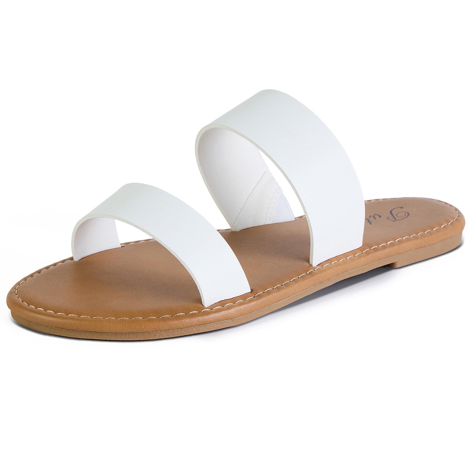Putu Women's Two Strap Flat Sandals Casual Slide Sandals Slip on Summer Sandals