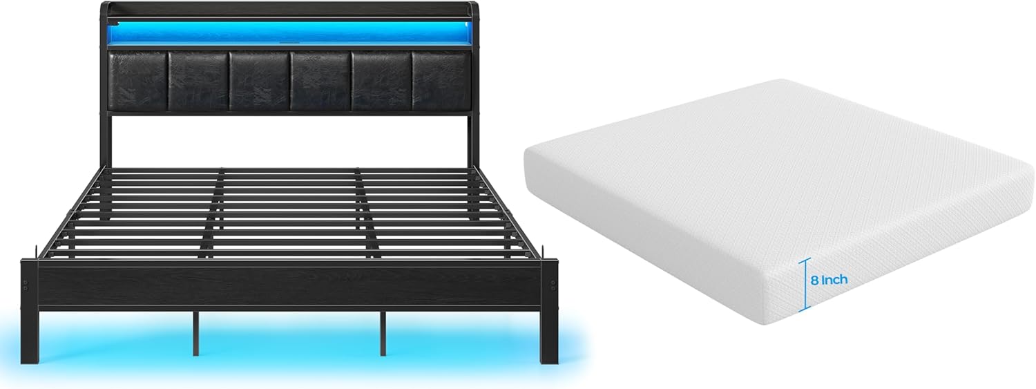 Rolanstar Bed Frame King Size with Charging Station, LED Bed Frame with Storage Headboard, Black - 8 Inch Gel Memory Foam Mattress, Gel Infused, Fiberglass Free, Medium Firm Mattresses