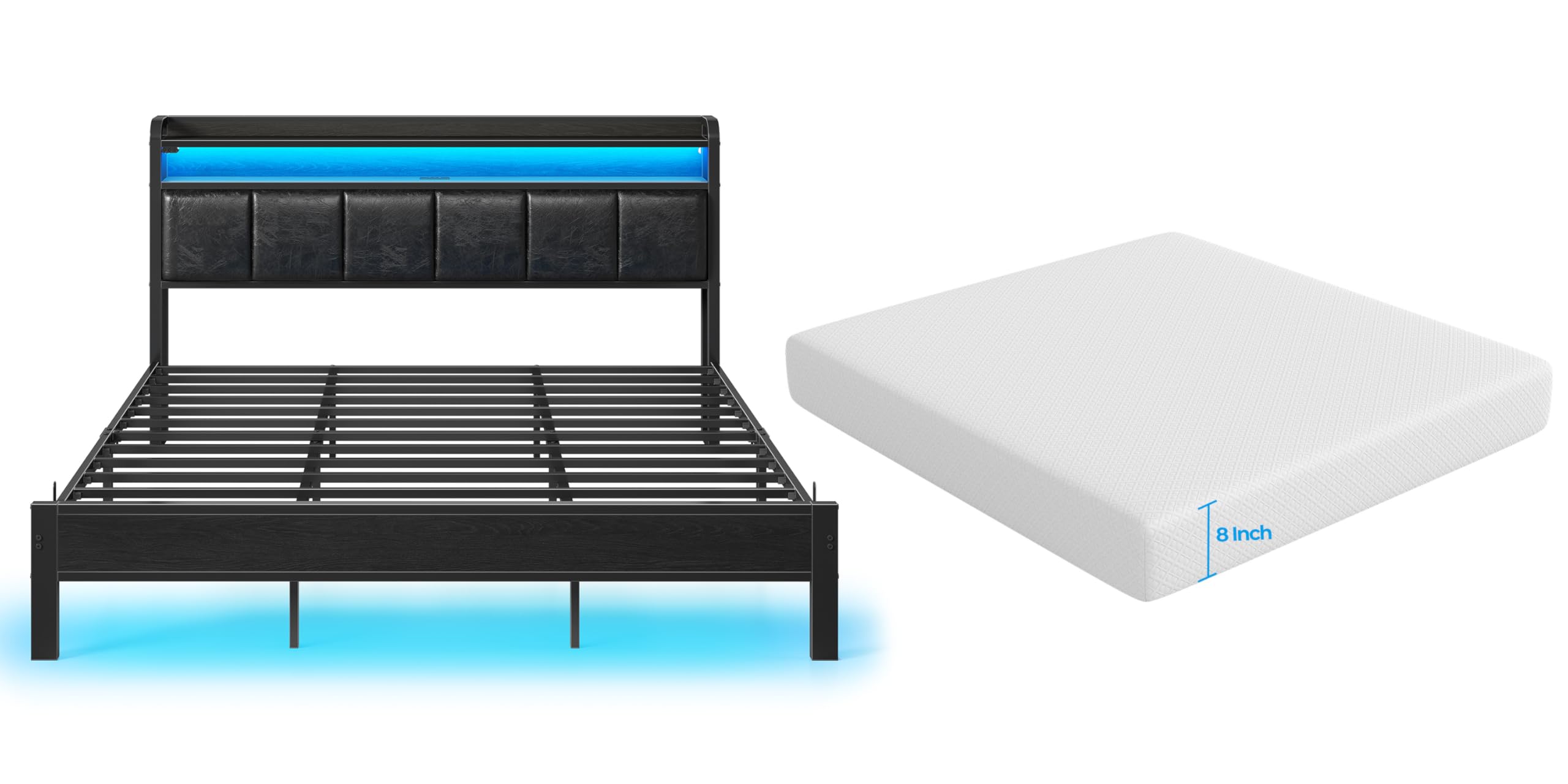 Rolanstar Bed Frame King Size with Charging Station LED Bed Frame with Storage Headboard Black - 8 Inch