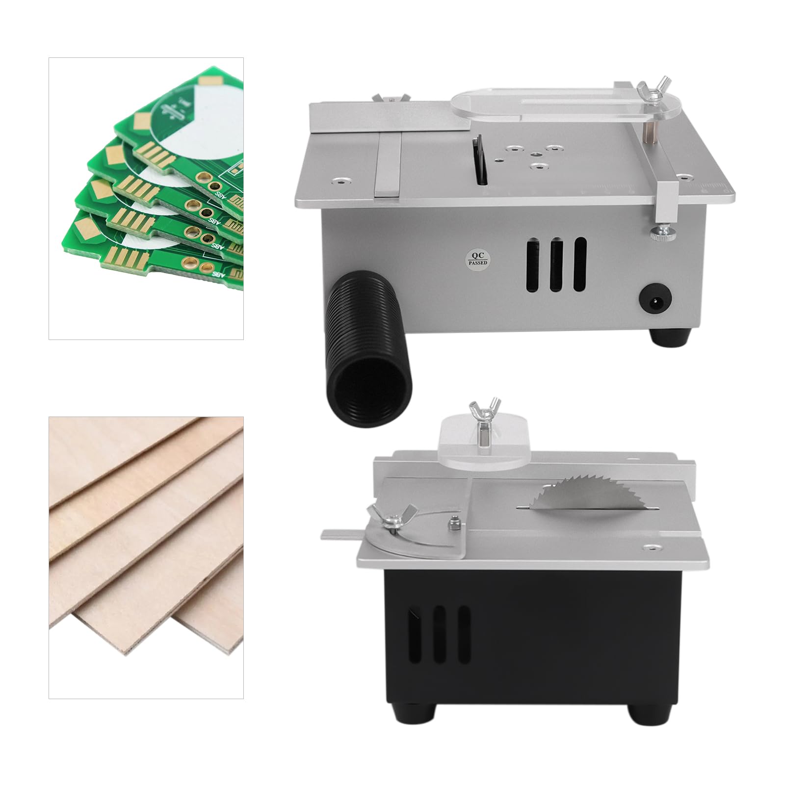 Mini stołowa pilarka tarczowa, 96 W, stołowa pilarka tarczowa z 4 tarczowymi brzeszczotami, wysokość cięcia 0-15 mm, 7-stopniowa regulacja mocy, wielofunkcyjna stołowa piła tarczowa ze stopu aluminium