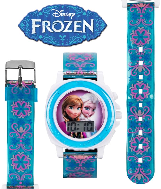 Disney Frozen Kids Digital Watch with Anna and Elsa, Sound FX Button Plays “Let It Go”, Glitter Bezel, Printed Strap, Gift Tin Included, Fits Wrists 5.5" to 8"4