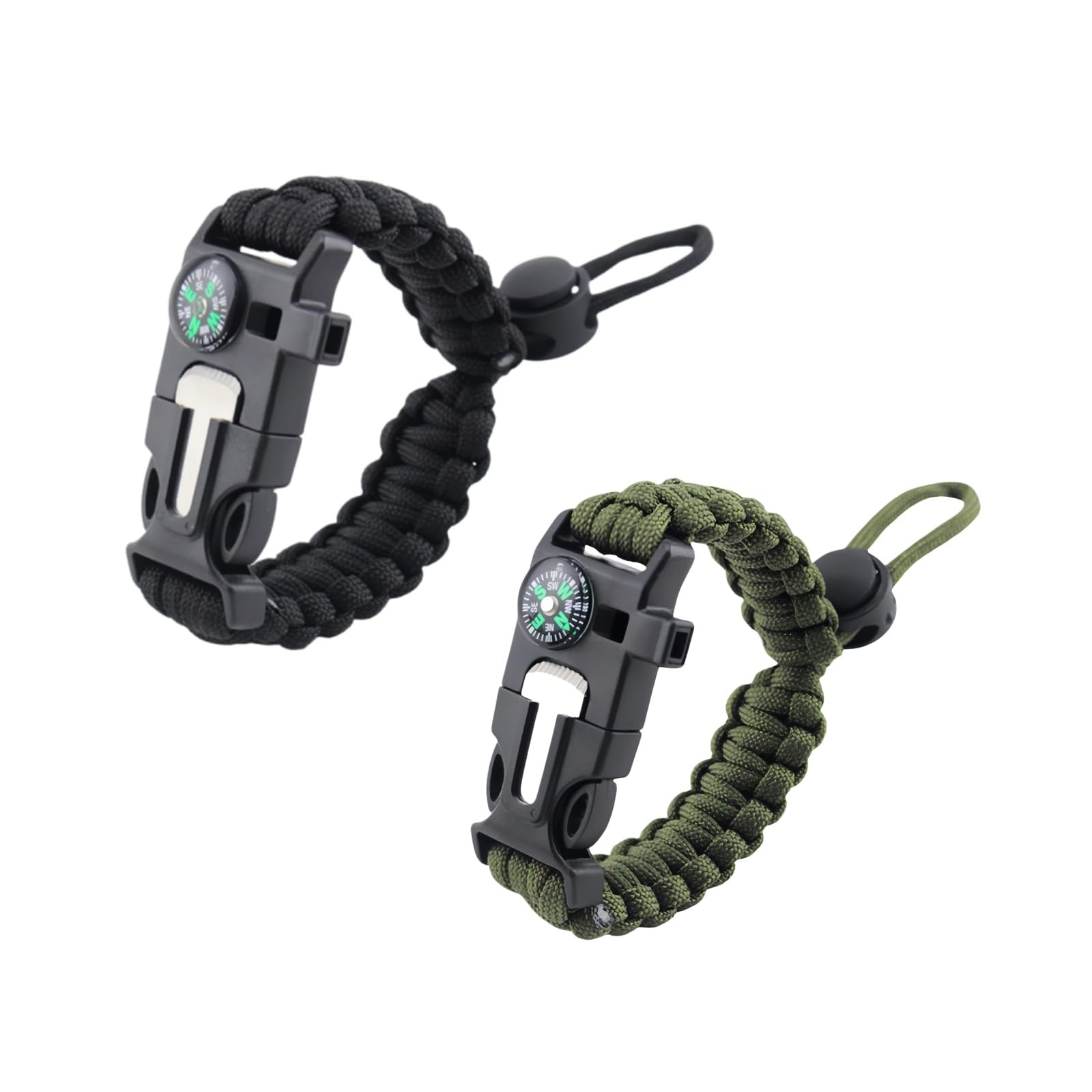 LVNEHAL 2Pcs Paracord Bracelet with Compass, Whistle & Flint Steel Fire Starter Kit – Emergency Outdoor Gear for Hiking, Camping, Adventure – for Men, Women (Black & Army Green)