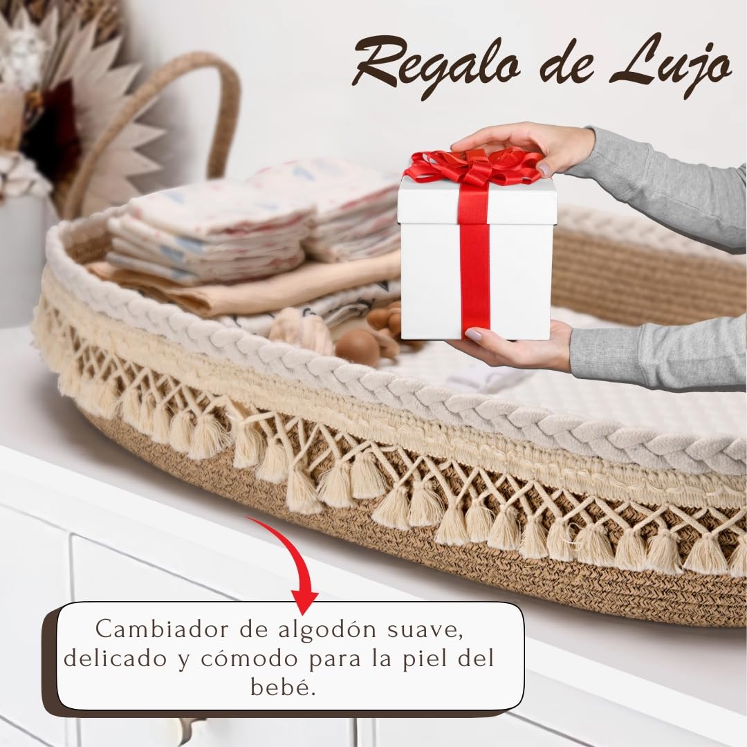 SEBRAM Cesta Cambiador Bebé + Colchón cambiador Impermeable limpieza rápida suave y acolchado - Cambiador de pañales Portátil y Plegable con Bolsa de Viaje | Diseño Elegante Boho (Beige)