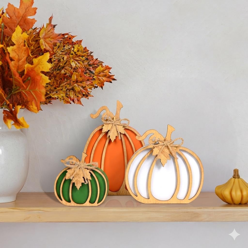 OLANRUN Fall Decorations for Home, 3-Piece Farmhouse Wooden Pumpkin Fall Decor, Handmade Crafts, Autumn Thanksgiving Decorations for Table, Tiered Tray, Mantel, Shelf, Office (4-8 Inch)