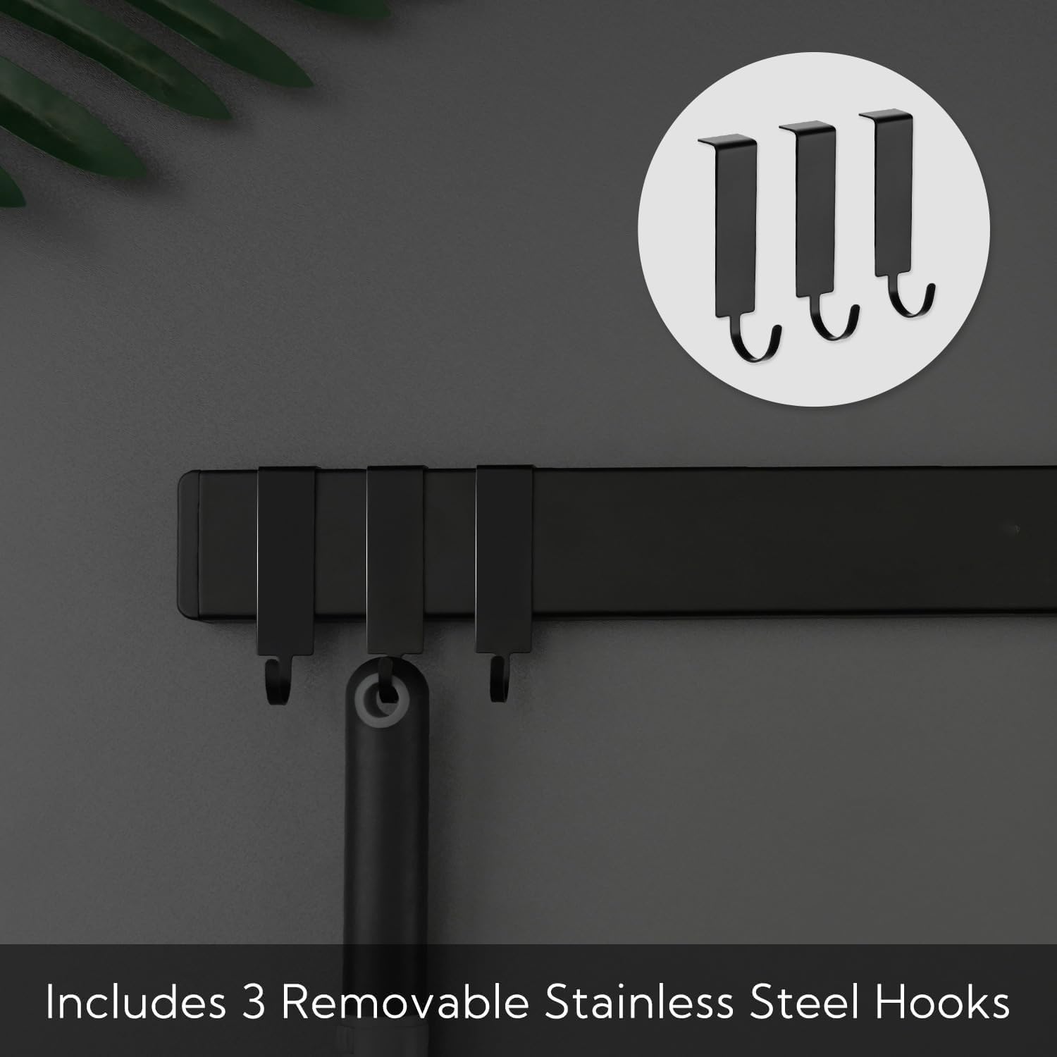Barra magnética para cuchillos 60 cm, soporte magnético para cuchillos de 60 cm, con 3 ganchos, acero inoxidable, autoadhesiva, soporte de pared negro, sin taladrar