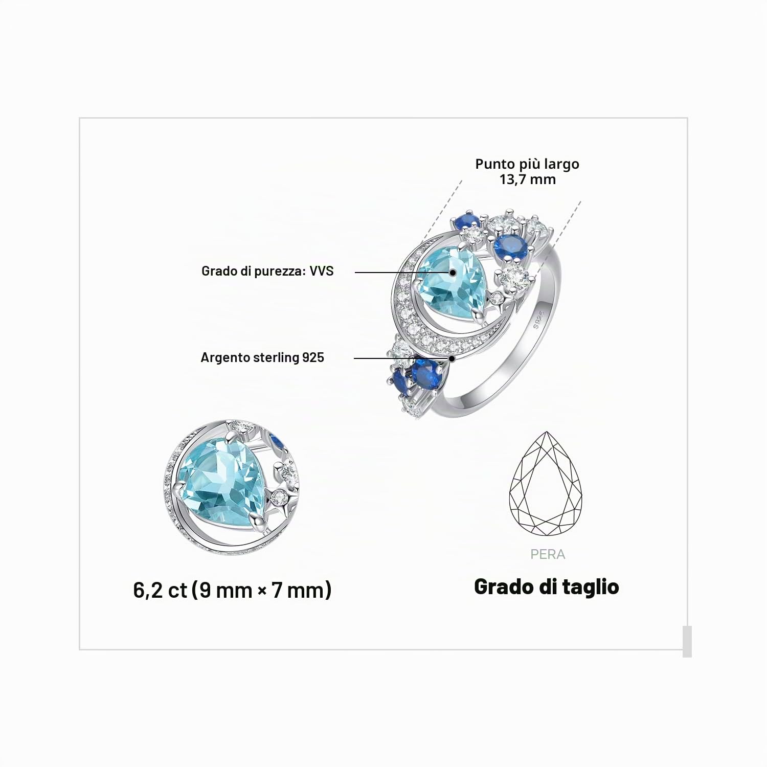 JewelryPalace 2.2ct Anello Luna e Stella Donna Argento con Naturale Topazio Blu Creato Zaffiro, Anello con Pietra Azzurro a Taglio Pera, Fedina Argento Anelli Anniversario Set Gioielli Donna