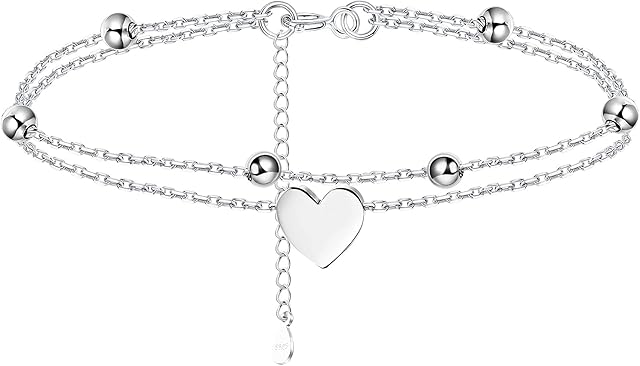 Finrezio 925 Sterling Silver Layered Ankle Bracelet for Women Chain Butterfly Heart Beaded Silver Anklet Adjustable Summer Beach Anklet Foot Jewelry