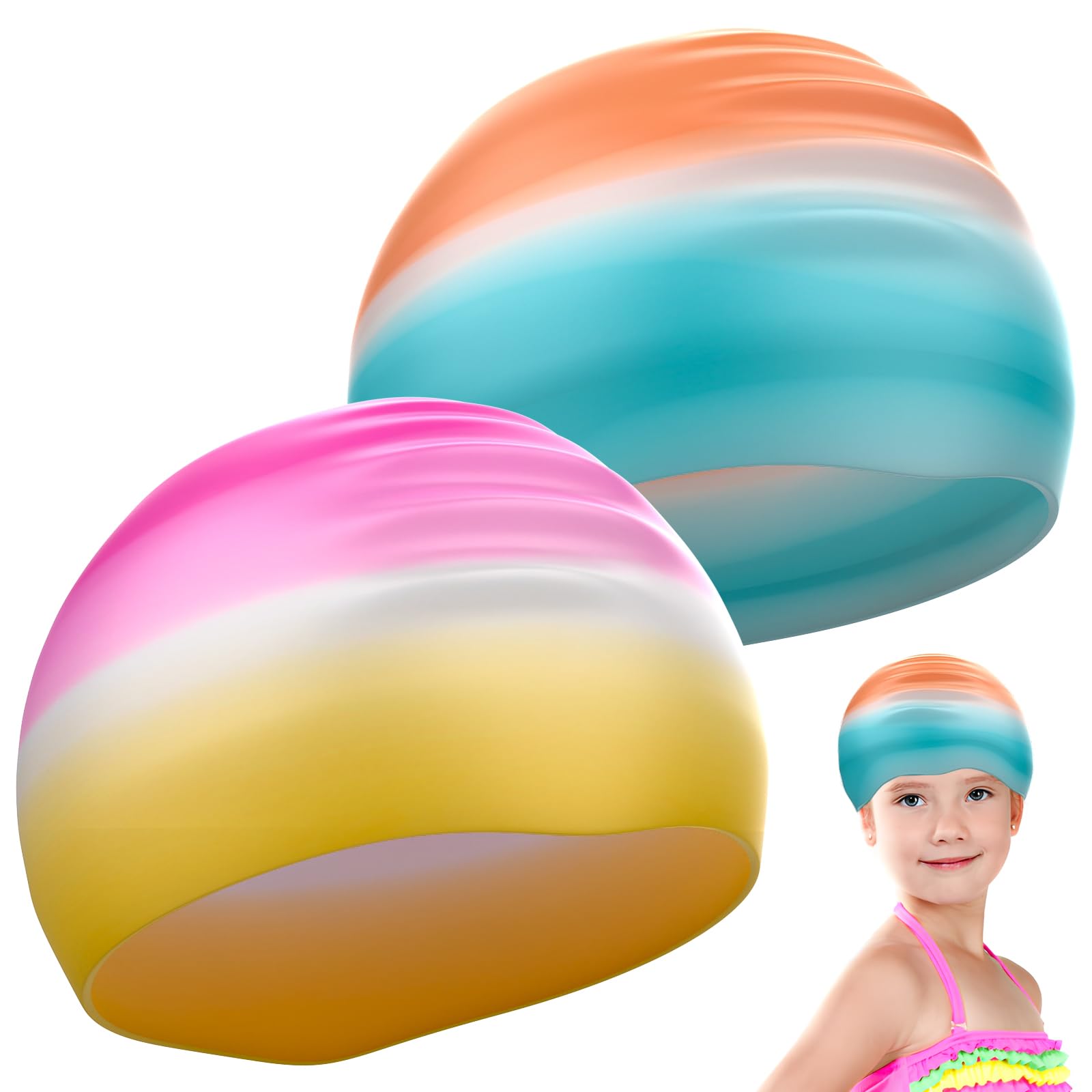 YRVCT Swimming cap children's long hair 2 Pack for Kids thickening colourful Gradient Silicone Swimming Hat Waterproof swimming cap Girls Boys Kids Teens Children