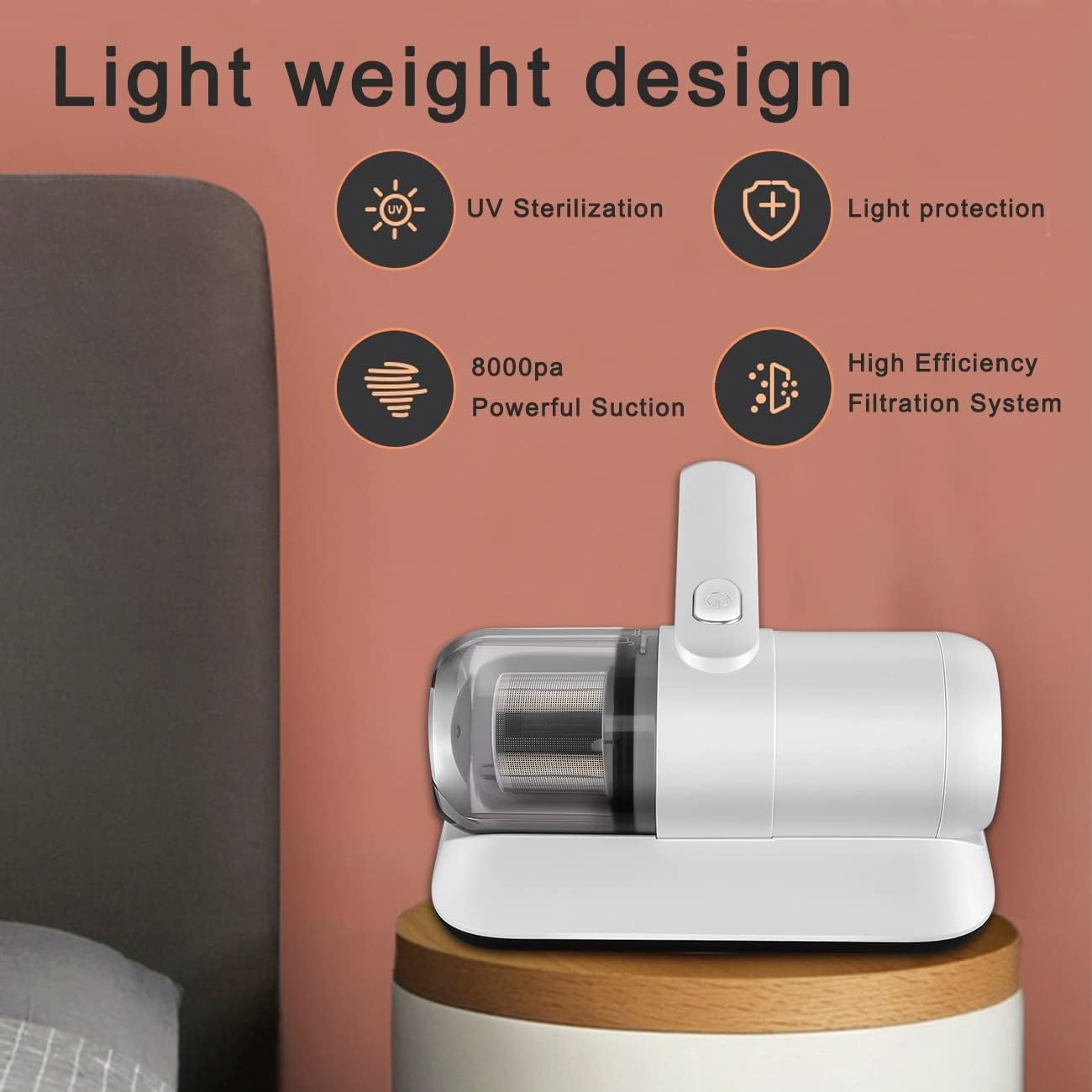 Aspiradora para el hogar, dispositivo de limpieza de colchones y alfombras con lámpara UV, ligero e inalámbrico para eliminar eficazmente el polvo y los ácaros