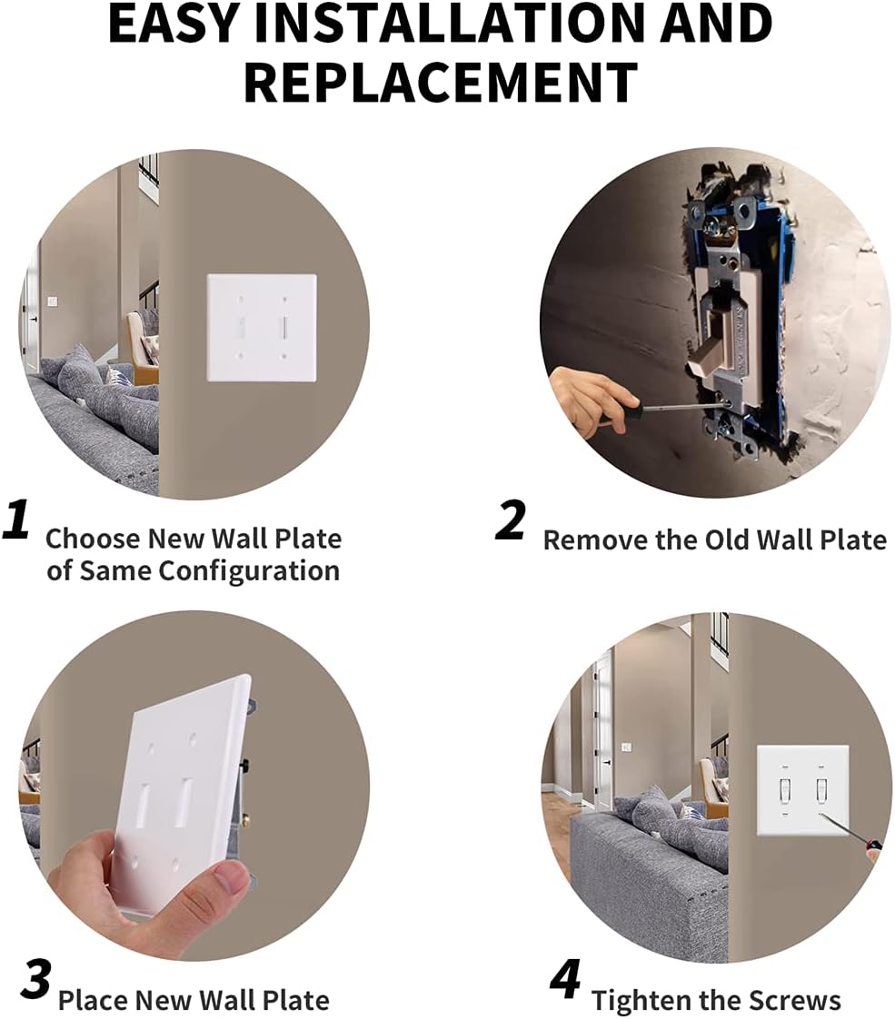Toggle Light Switch Cover Double Switch Plate Covers 2-Gang Decorator Wall Plate Dual Switch Faceplate, White (4-Pack)