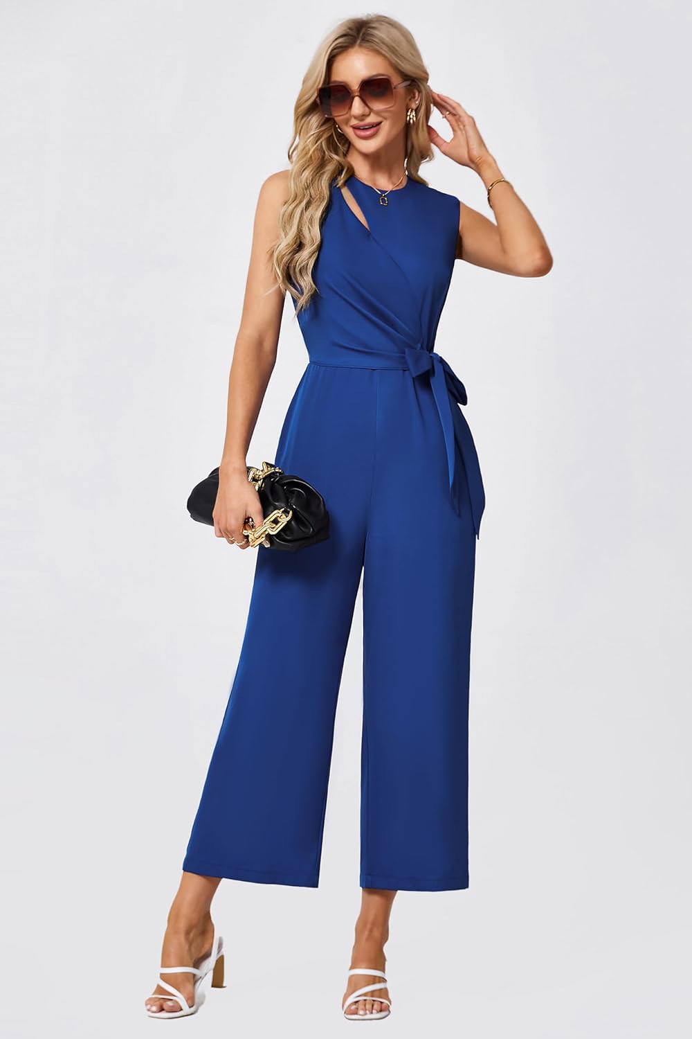 JASAMBAC Women's Jumpsuits Sleeveless Dressy Scoop Neck Cutout Ruched Romper Tummy Control Playsuit Casual with Pockets - Image 2