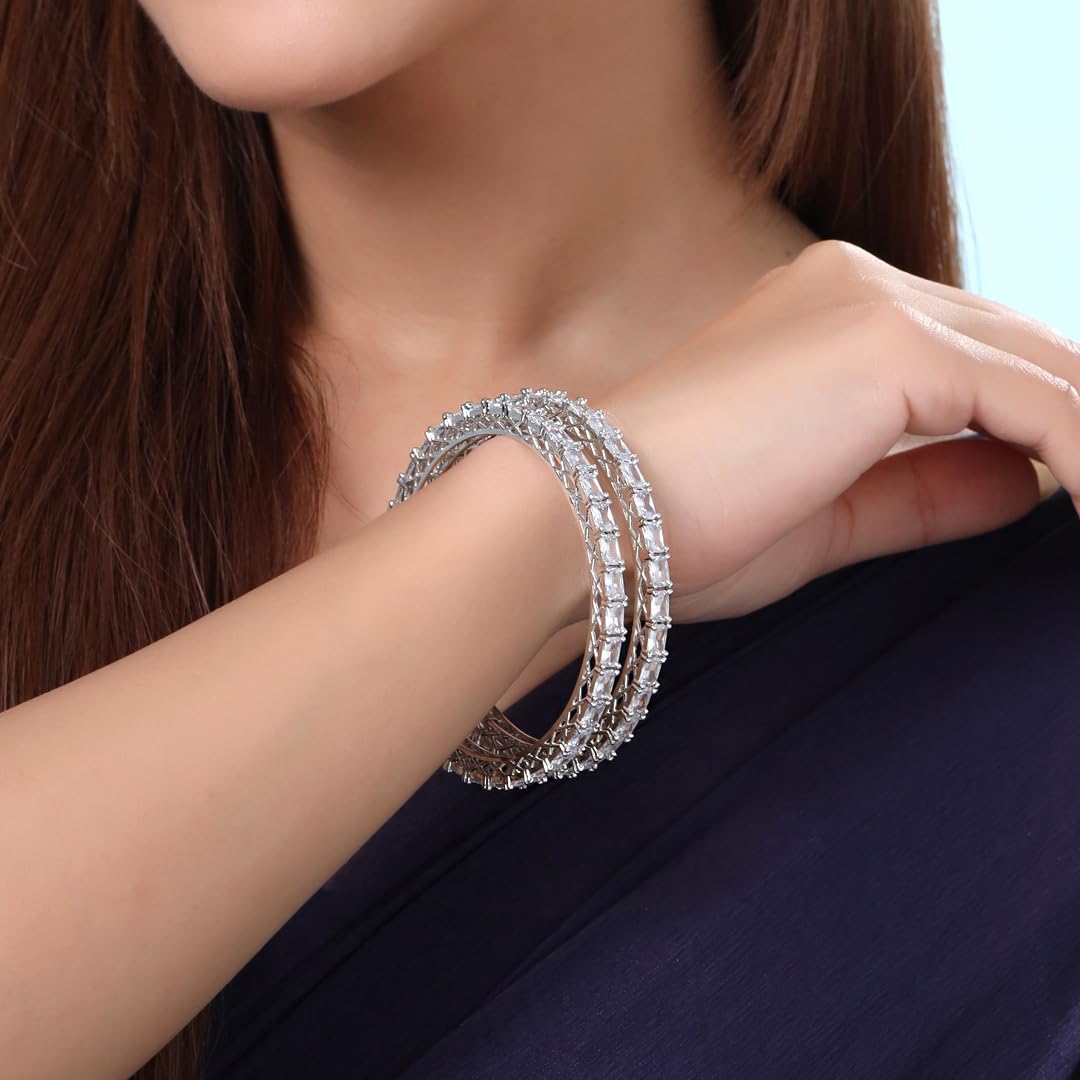 American Diamond Silver Tone Bangles for Women, Girls