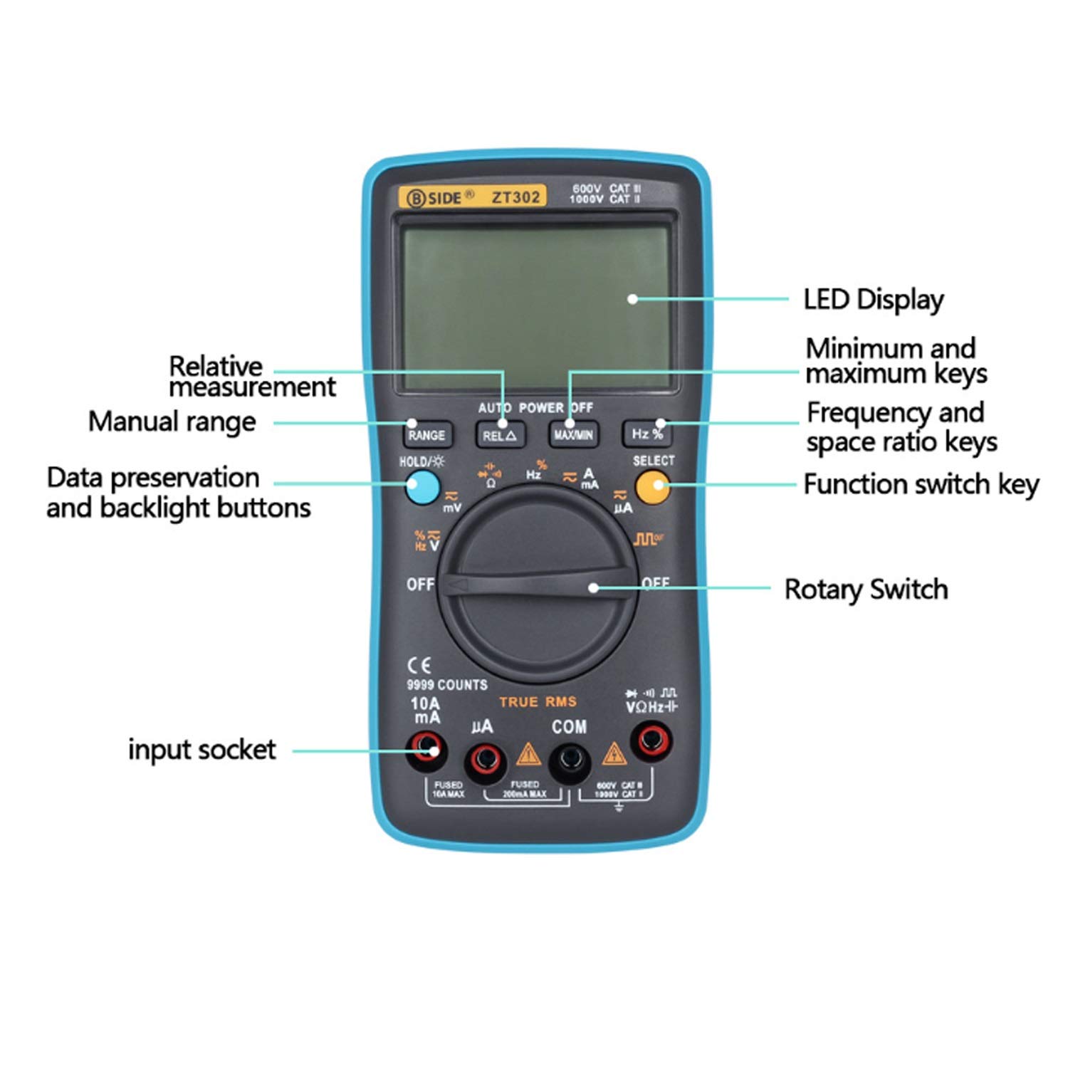 ZT302 True RMS Digital Multimetr 9999 Liczba wielofunkcyjna Tester temperatury napięcia AC/DC DMM Do laboratorium