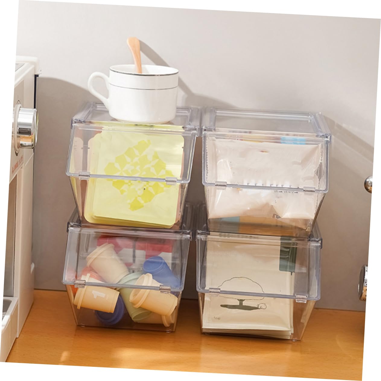 Organizador Acrílico de Sobremesa para Bolsitas de Té 4 Piezas | Set de Cuatro Unidades, Superficie Lisa, Decoración para Encimera, Estilo Simple y Aspecto Generoso