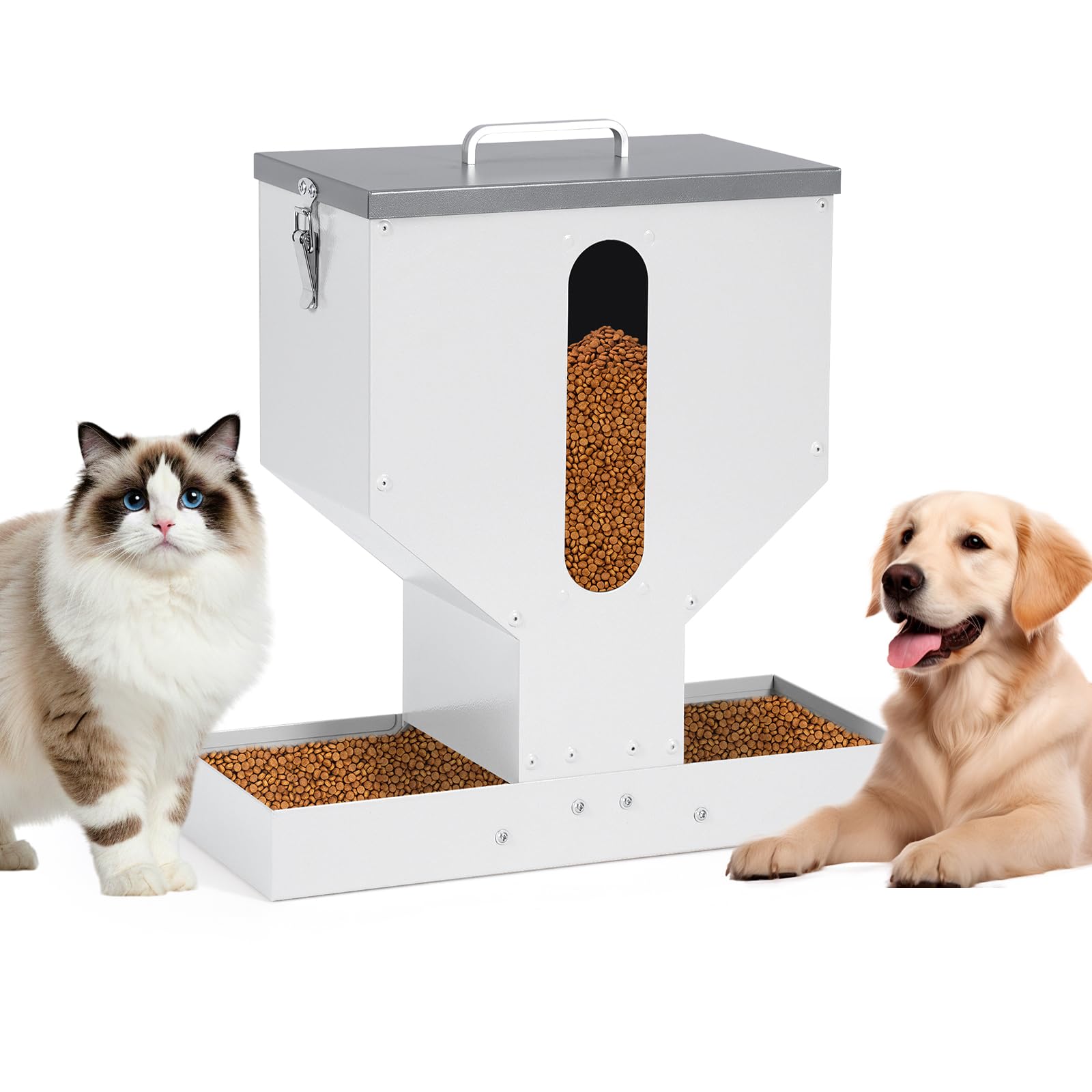 Comedero automático para gatos para 2 mascotas, 12 L de metal para mascotas, dispensador de comida seca con doble embudo, gran capacidad, gravedad, comedero para perros y gatos
