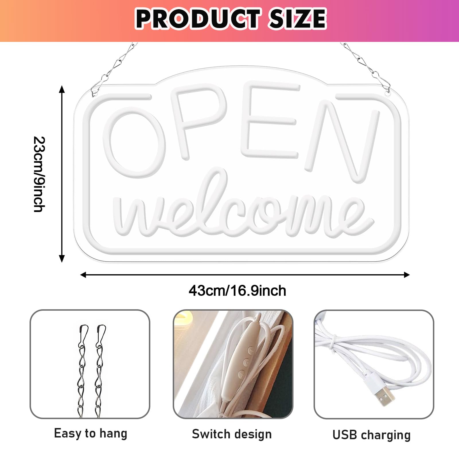 Open Insegna Al Neon Di Benvenuto, Insegna Al Neon Aperta 43 X 23 Cm, Cartello A Led Open Neon Alimentata Tramite Usb, Pannello Luminoso Al Neon Per Bar, Gaming, Camera Da Letto, Decorazione Verticale