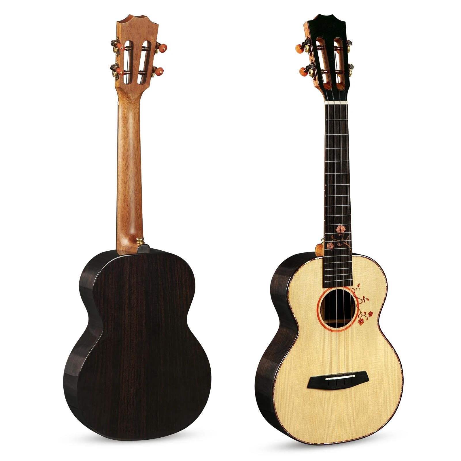 Profesjonalne ukulele Ukulele Koncertowe Z Litego Świerku, Tył I Boki Z Litego Palisandru Ukelele O Wysokim Połysku Z Torbą Koncertową Premium Tenor Uku(Uku Pickup,23)